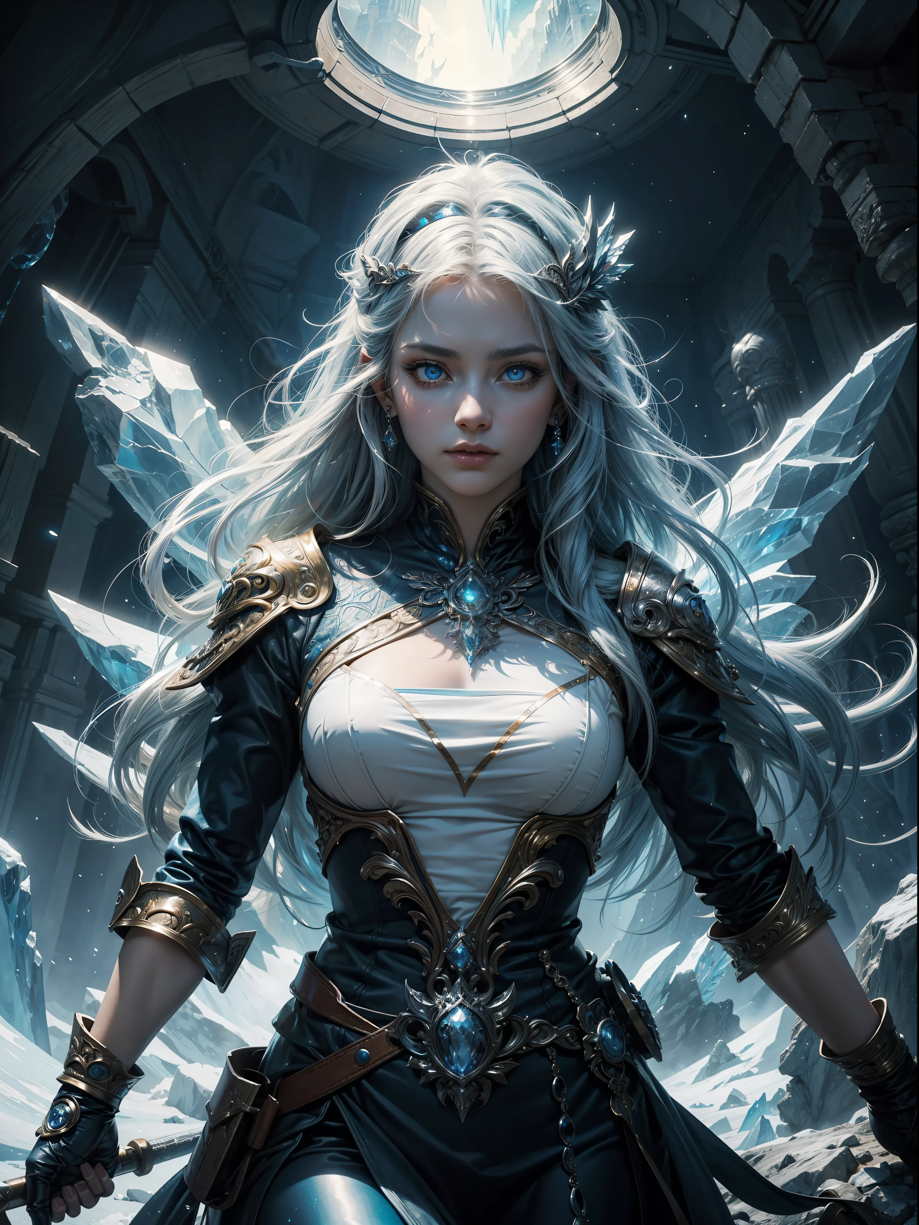 An ice goddess with white hair and lightning surrounds her, Full body, Perfect face with soft skin and nice perfect face, concept art portrait by greg rutkowski, ArtGerm, hyperdetailed intricately detailed gothic art trending on artstation triadic colors, Fantastical, intricate detailes, Splash Screen, Complementary color scheme, Fantasy concept art, 8K resolution, deviantart masterpiece, Oil Painting, heavy strokes,