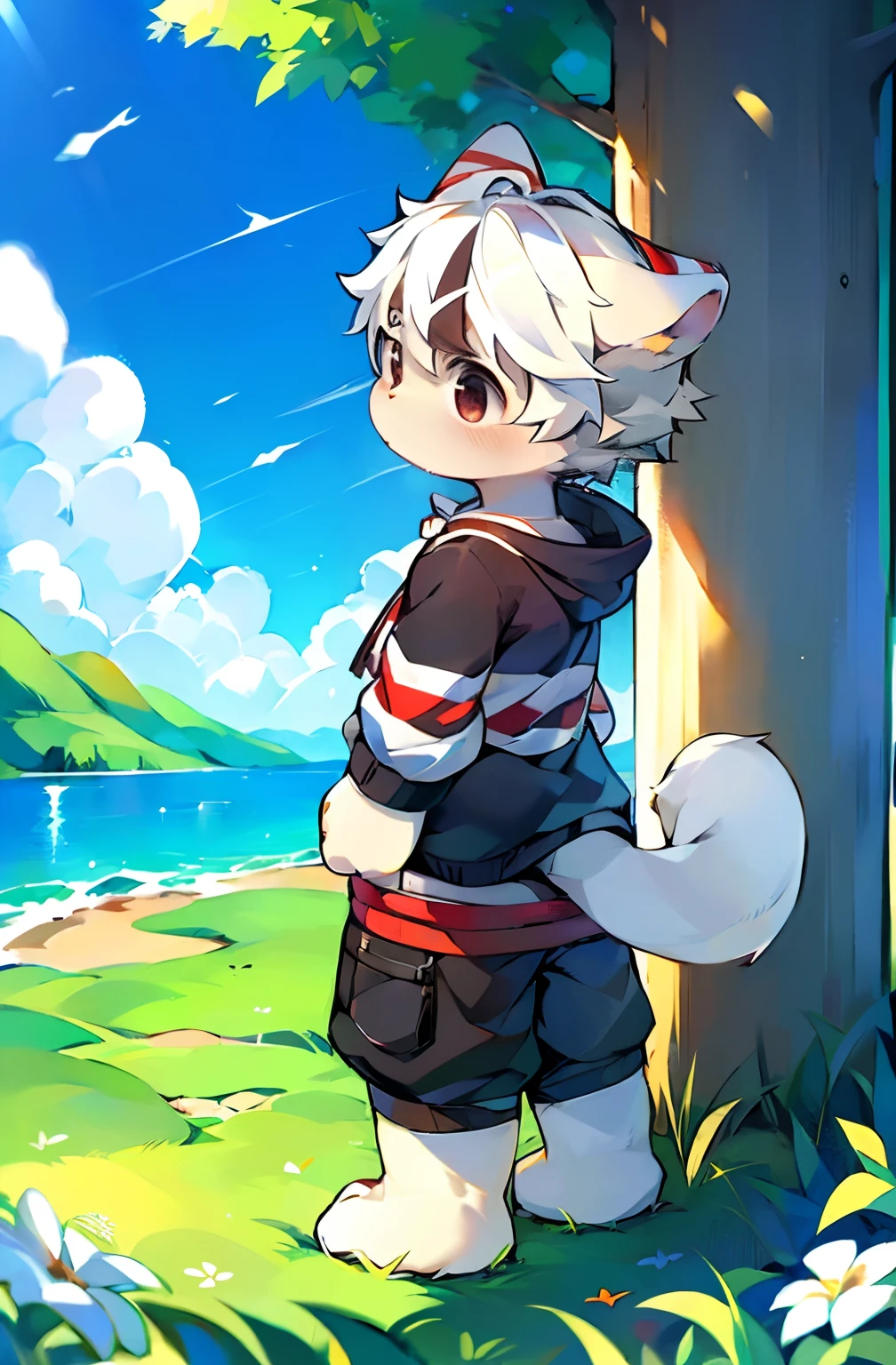 (Bright environment:0.8),Masterpiece,High quality,abstract res,Digital painting\(artwork of a\), by Dagasi, Yupa,Kiyosan,(anthro,Fluffy fur,Character focus:1.1),Human male Dag,Short hair,Portrait , eyes with brightness, in a panoramic view, Character focus.(detailedbackground:0.7), 独奏, shaggy, shaggy male,16 yaers old,malefocus, standing on your feet,Light blue sweatshirt,Put your hands in your sweatshirt pocket,grey shorts,Handsome,Micro-expressions,Facing the lens,Parallel screens,anthr,(Full Body Furry, Fluffy tail, Pure white fur, Red stripe pattern on the hind legs,Black eyes, Pure white hair,The gray ears are pointed:1.2), (White canines:1.2),(outside、clear skies、Morning、grassy fields:1.1)