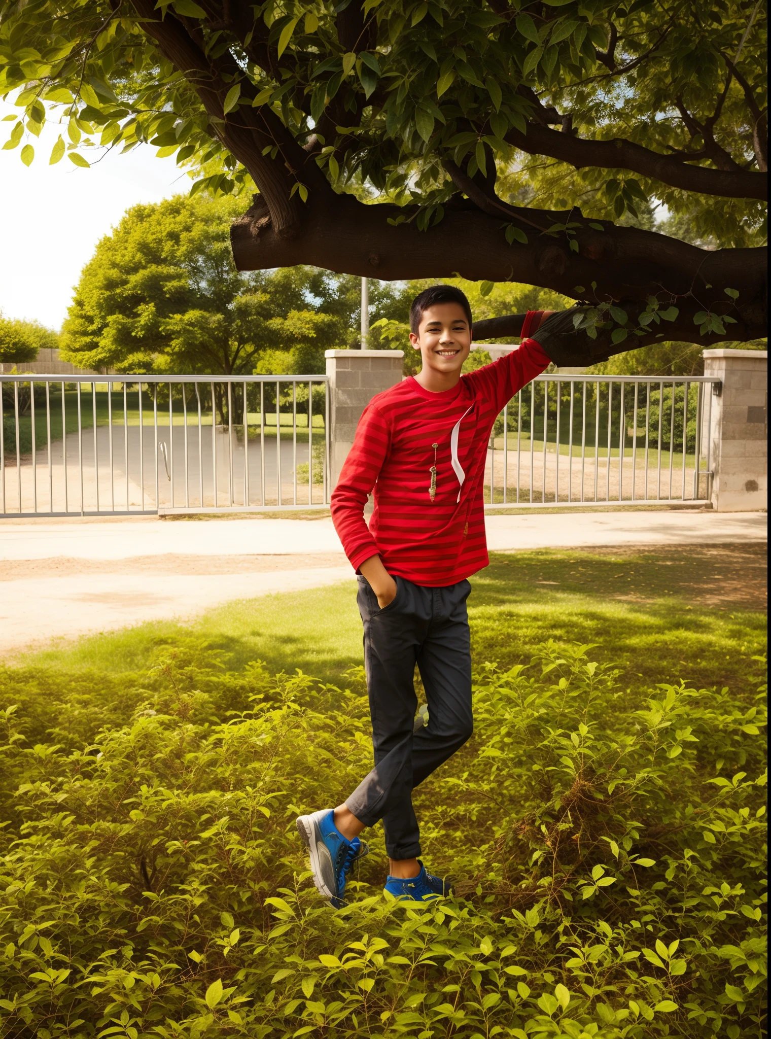A boy stealing tree, with cool look, handsome realistic, park, High quality, reality, real ,