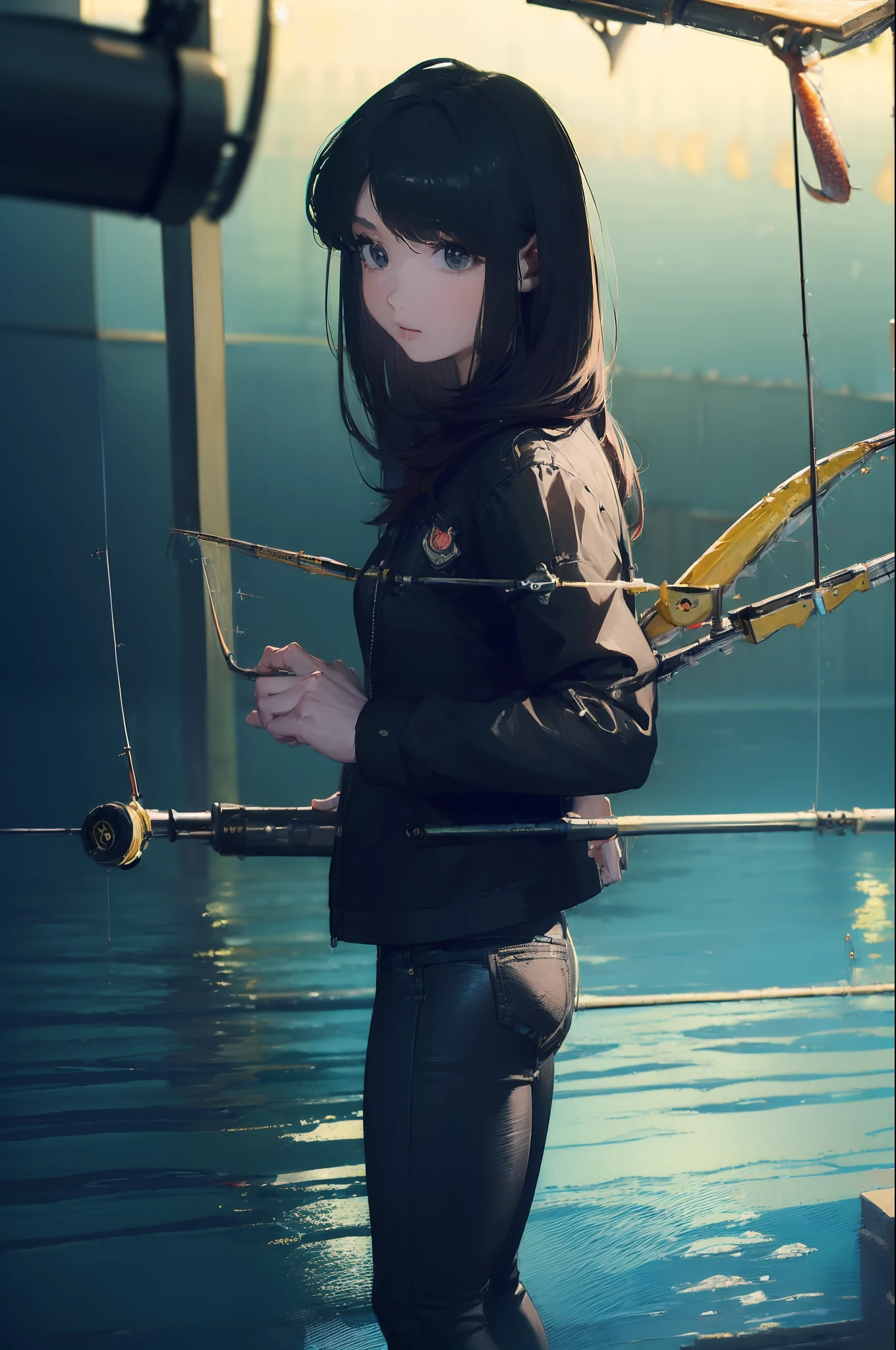 ((((Have fishing rod with a reel:1.5)))),((Female 28 years old)),((Best Quality:1.5)),(((Hands with the correct number and structure of fingers:1.4))),((lakeside:1.37)),hight resolution,ultra-detailliert,​masterpiece,best qualtiy,(Eight-headed body),Black hair, long eyeslashes, Solid Circle Eyes, drop shadow, Atmospheric perspective,Super Detail, ccurate, small brest,(Black jacket and black jeans :1.1),top-quality, blurry backround, bokeh dof:1.2, (​masterpiece:1.3),  Atmospheric perspective,Super Detail,dynamic compositions, Ultra High Quality,