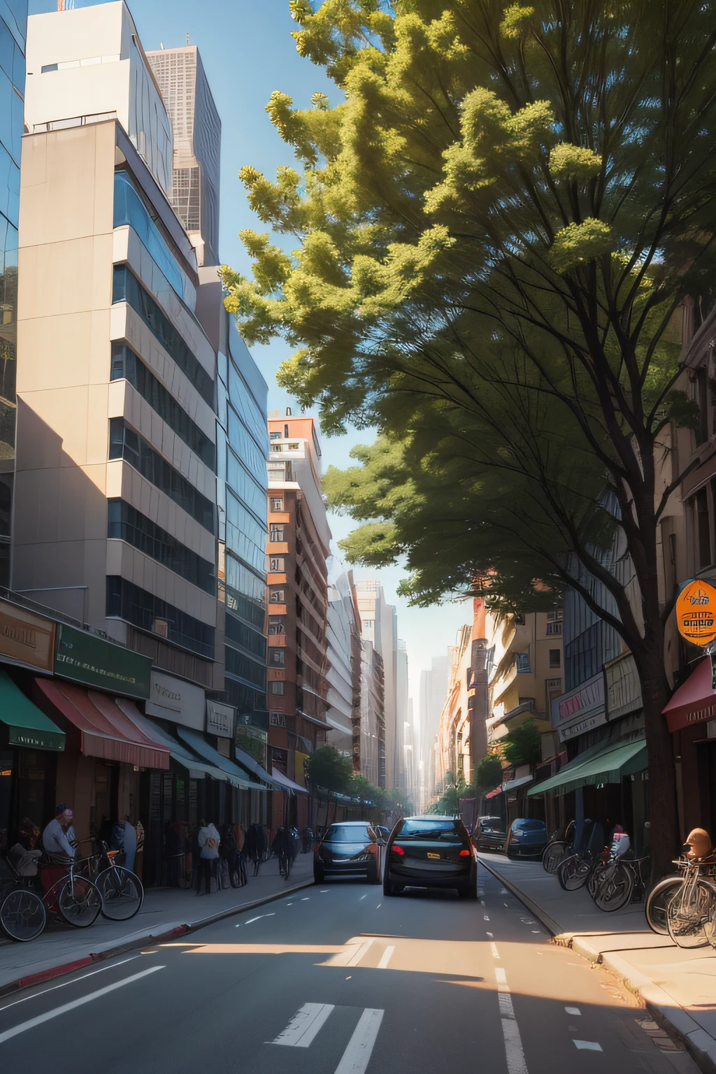 Tall horses,Crowded on city roads,There are many trees and buildings on both sides of the road