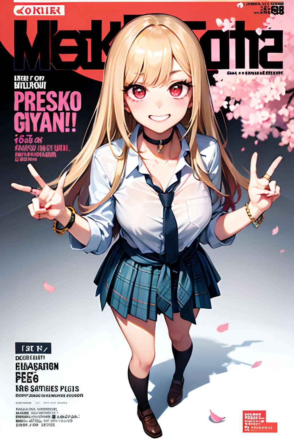 masterpiece, best quality, full body, 1girl, bangs, black choker, black necktie, blonde hair, blue skirt, blush, bracelet, breasts, choker, clothes around waist, collarbone, collared shirt, cowboy shot, dress shirt, ear piercing, eyebrows visible through hair, gradient hair, grin, gyaru, jewelry, kogal, long hair, looking at viewer, loose necktie, necktie, piercing, plaid, plaid skirt, pleated skirt, red eyes, ring, school uniform, shirt, skirt, smile, solo, white shirt, street, sky, cherry blossoms, petals,illustration, (magazine:1.3), (cover-style:1.3), fashionable, woman, vibrant, outfit, posing, front, colorful, dynamic, background, elements, confident, expression, holding, statement, accessory, majestic, coiled, around, touch, scene, text, cover, bold, attention-grabbing, title, stylish, font, catchy, headline, larger, striking, modern, trendy, focus, fashion,
