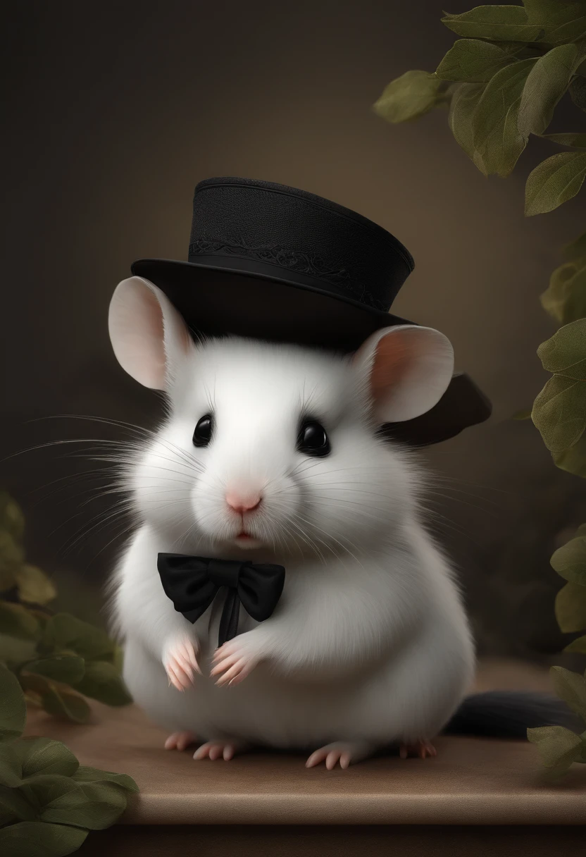 (drawn in a realistic, detailed, and vivid) A cute illustration of a hamster wearing mourning clothes, [black dress](best quality), [elegant black hat](best quality), [tiny black bow](best quality), [mourning veil](best quality:1.2), [solemn expression](best quality:1.2), [grieving eyes](best quality:1.2), [subtle tears](best quality:1.1), [dainty paws](best quality), [delicate whiskers](best quality), [soft fur](best quality), [subdued lighting](best quality), [subtle shadows](best quality), [gentle background](best quality), [monochromatic color scheme](best quality:1.1), [subtle greyscale tones](best quality:1.1), [fine details](ultra-detailed), [realistic texture](photorealistic:1.37).