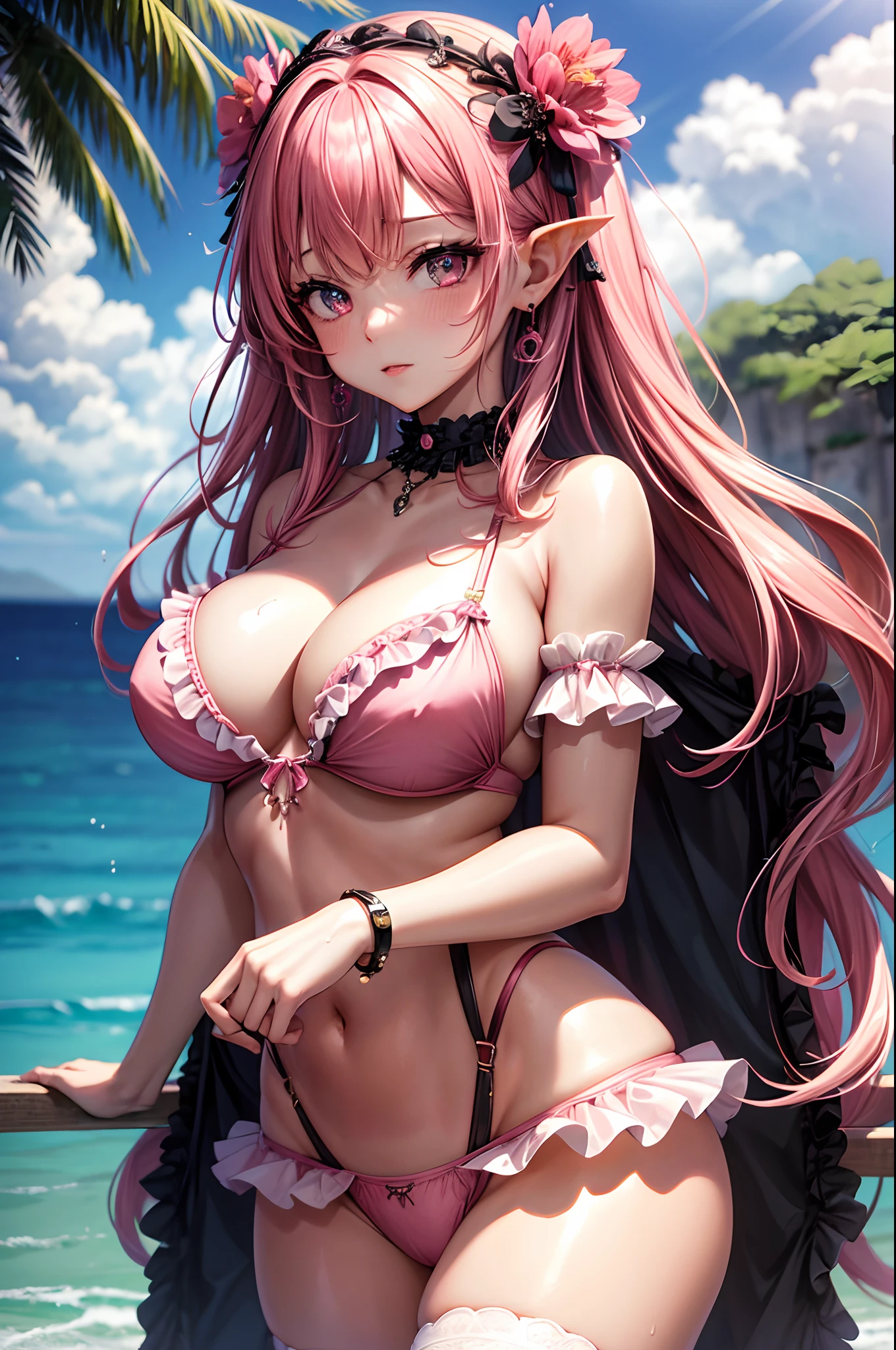 1girl, absurdres, high res, ultrasharp, 8K, masterpiece, looking at viewer, thighs, breasts, hug breasts, cleavage, underboob, pink hair, long hair, bangs, earings, frilled bikini, black chocker, blush, wet, lip piercing, garter, flower, hair ornament, naval, jewelry, transparent