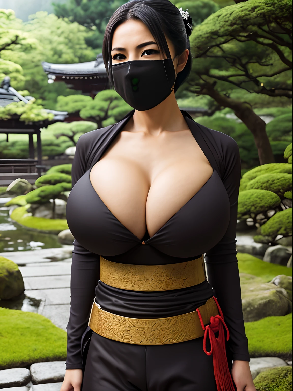 masterpiece, top quality, best quality, official art, beautiful and aesthetic:1.2), (1girl:1.3), dark brown hair in a topknot, extremely detailed, portrait, looking at viewer, solo, (full body:0.6), detailed background, close up, (warm summer nighttime Feudal Japan theme:1.1), ninja, charlatan, mysterious, sneaking in a garden, black mask, black head covering, revealing ninja attire, black ninja tunic, assassin, black wrappings, katana, kusari-gama, metal, black leather, breeches, leggings, loose pants, bracers, armor, gauntlets, ninja shoes, buckles, straps, ((((gigantic breasts, cleavage, skindentation)))), slim waist, slim hips, long legs, moonlight, Feudal Japan (Japanese garden exterior:1.1) background, dark mysterious lighting, shadows, magical atmosphere, dutch angle,