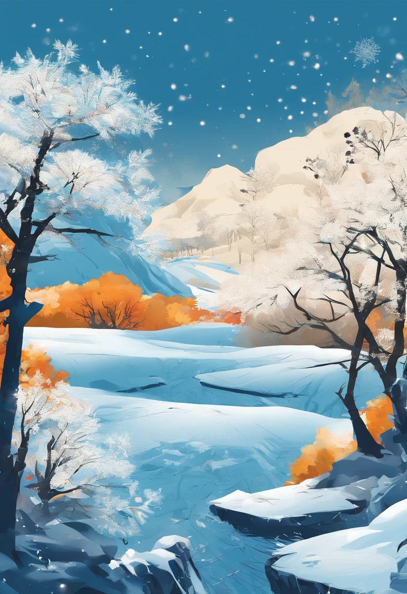 Autumn,Traditional Chinese solar terms,(((Blue snowflakes))),National style,Ink wind,solid color backdrop,parched,Landscape view,Ink wind,solid color backdrop