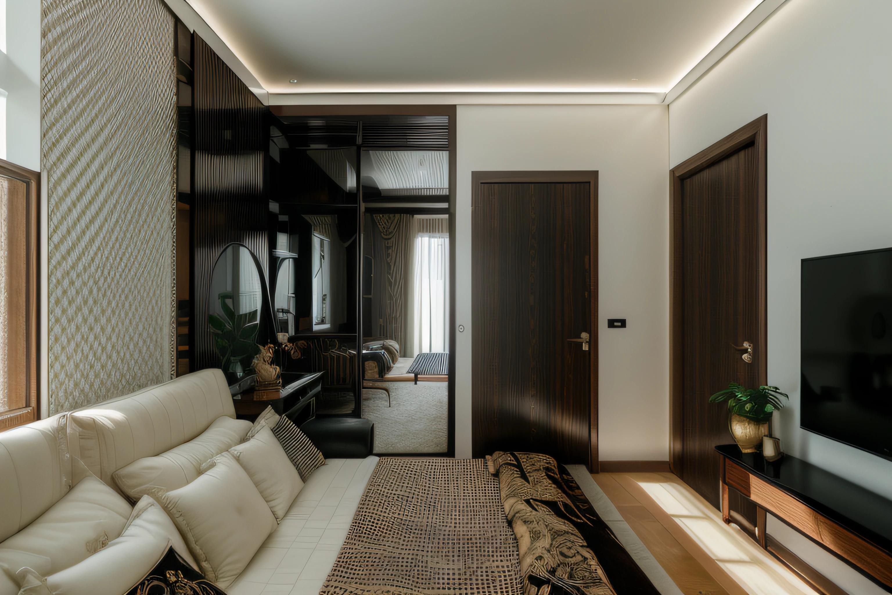 RAW photo, Masterpiece, high quality, best quality, authentic, super detailed, glossy indochina black furniture), minimalist architecture, minimalist bedroom, couch, table, carpet, shelf tv, 1 solid wood door:1.4,((laminated plaster,))), day light)), natural light fromt glass door, archdaily architecture, (high detail: 1.2), 8k uhd, dslr, soft light, high quality, film grain, Fujifilm XT3