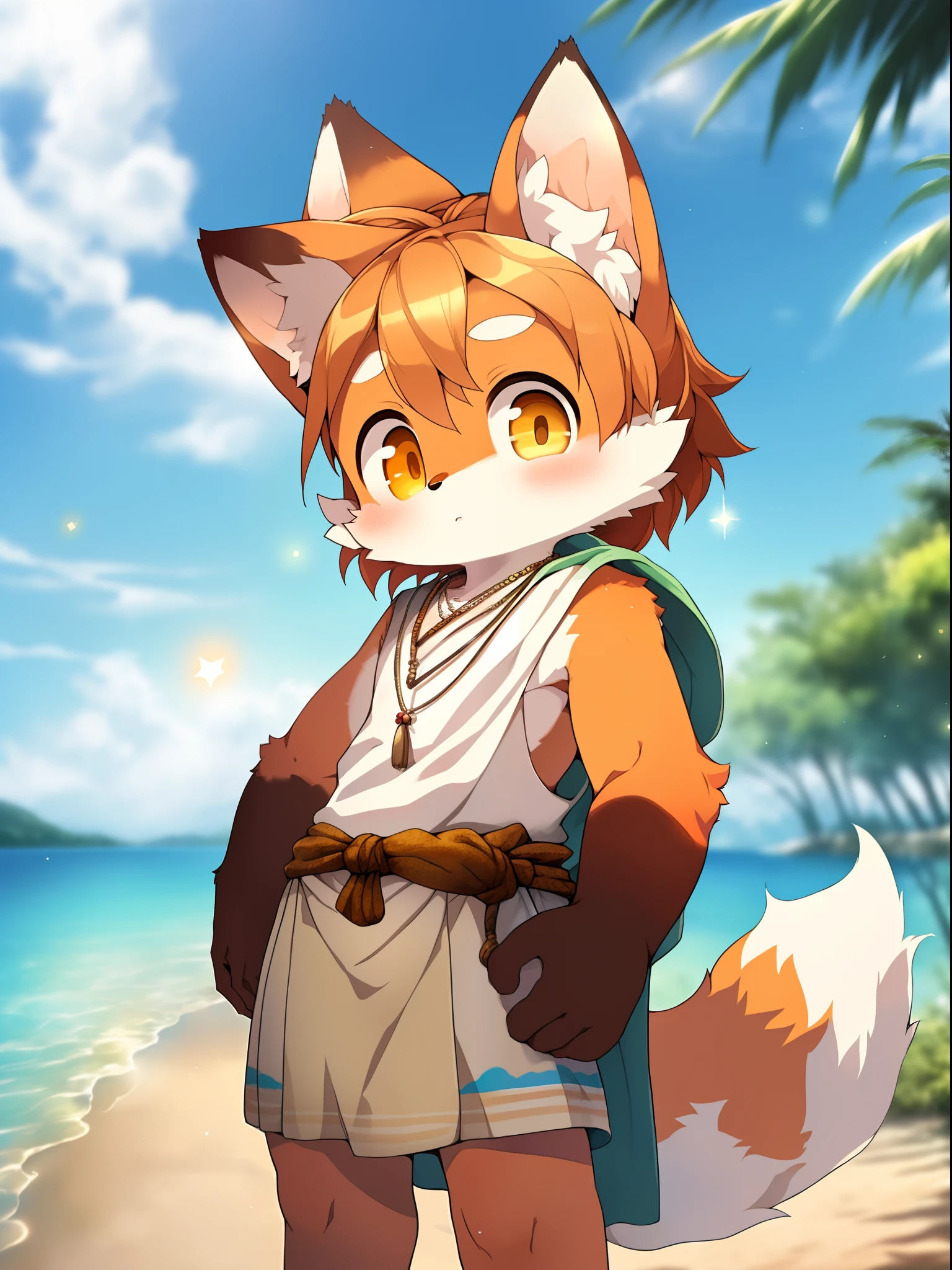 Masterpiece, high quality, absurd resolution, digital painting \ (artwork \), Sumi Kuroi, Yupa, Kiyoyama. Soft light, solo, (human male fox), (orange body), sunlight, beach, loincloth, sea, clouds, darkness, bright, sand, from the side, necklace. Panorama, portrait, 135mm, viewer, person in focus. Detailed background, amazing background, outdoor, landscape, light particles, standing