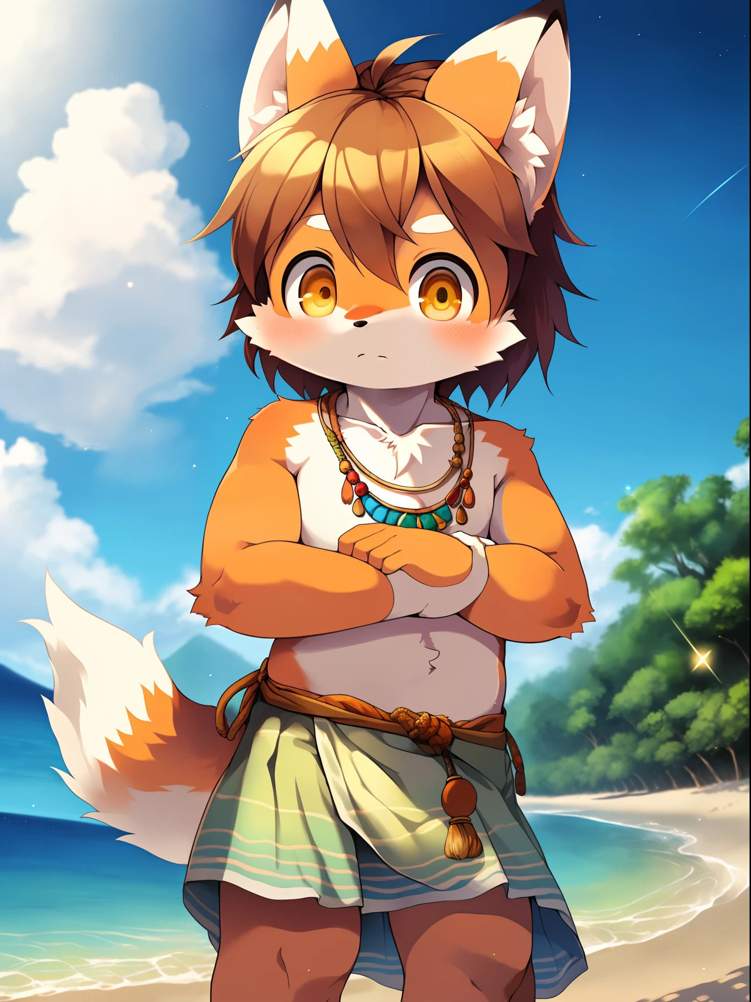 Masterpiece, high quality, absurd resolution, digital painting \ (artwork \), Sumi Kuroi, Yupa, Kiyoyama. Soft light, solo, (human male fox), (orange body), sunlight, beach, loincloth, sea, clouds, darkness, bright, sand, from the side, necklace. Panorama, portrait, 135mm, viewer, person in focus. Detailed background, amazing background, outdoor, landscape, light particles, standing