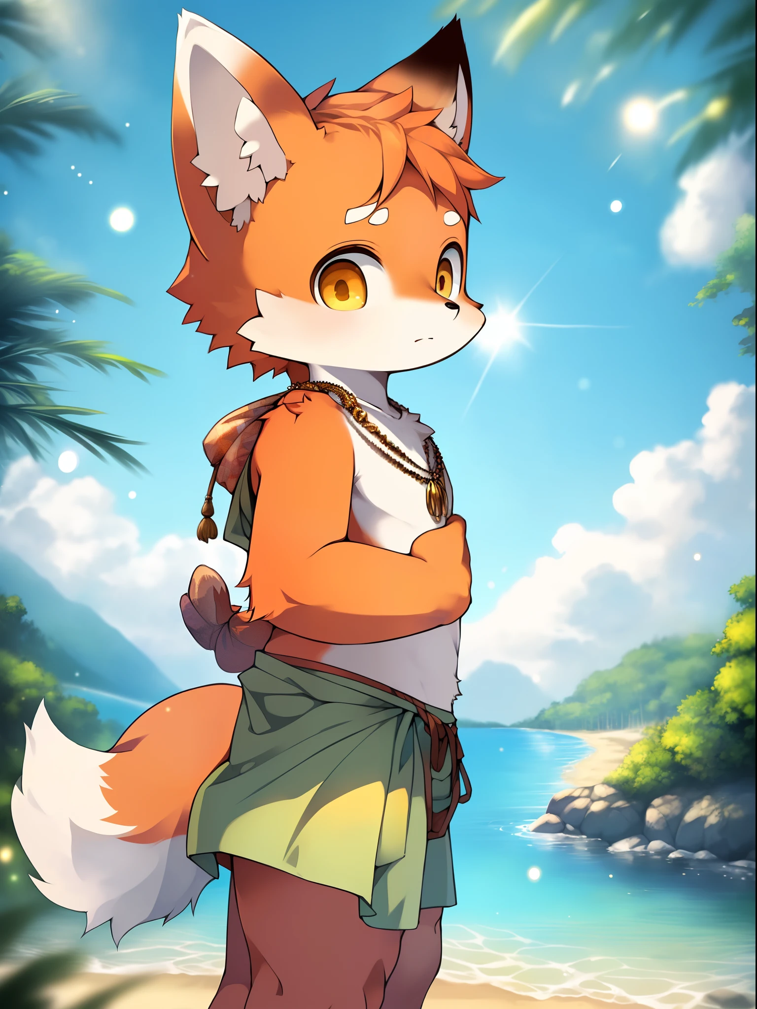 Masterpiece, high quality, absurd resolution, digital painting \ (artwork \), Sumi Kuroi, Yupa, Kiyoyama. Soft light, solo, (human male fox), (orange body), sunlight, beach, loincloth, sea, clouds, darkness, bright, sand, from the side, necklace. Panorama, portrait, 135mm, viewer, person in focus. Detailed background, amazing background, outdoor, landscape, light particles, standing