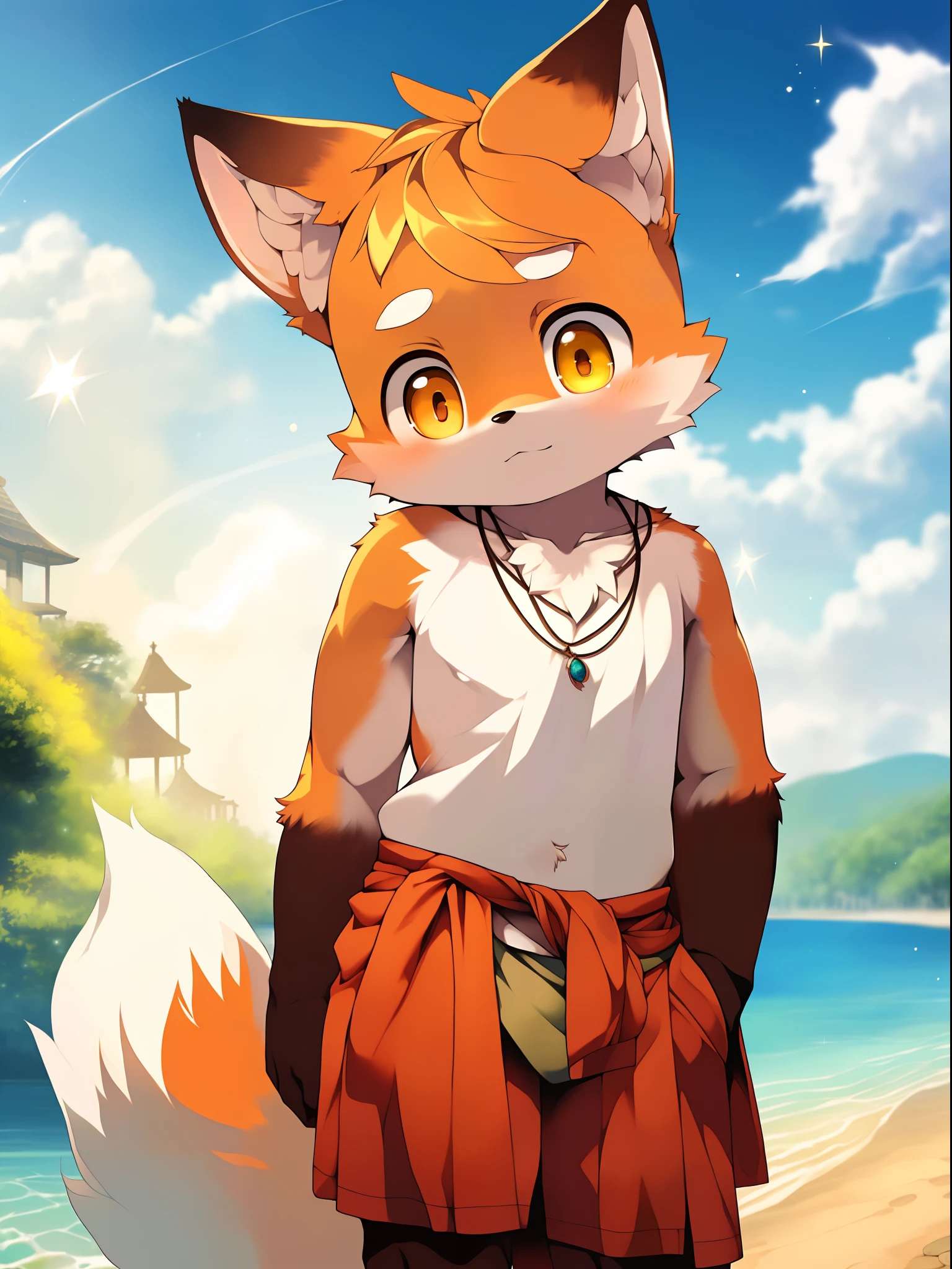 Masterpiece, high quality, absurd resolution, digital painting \ (artwork \), Sumi Kuroi, Yupa, Kiyoyama. Soft light, solo, (human male fox), (orange body), sunlight, beach, loincloth, sea, clouds, darkness, bright, sand, from the side, necklace. Panorama, portrait, 135mm, viewer, person in focus. Detailed background, amazing background, outdoor, landscape, light particles, standing