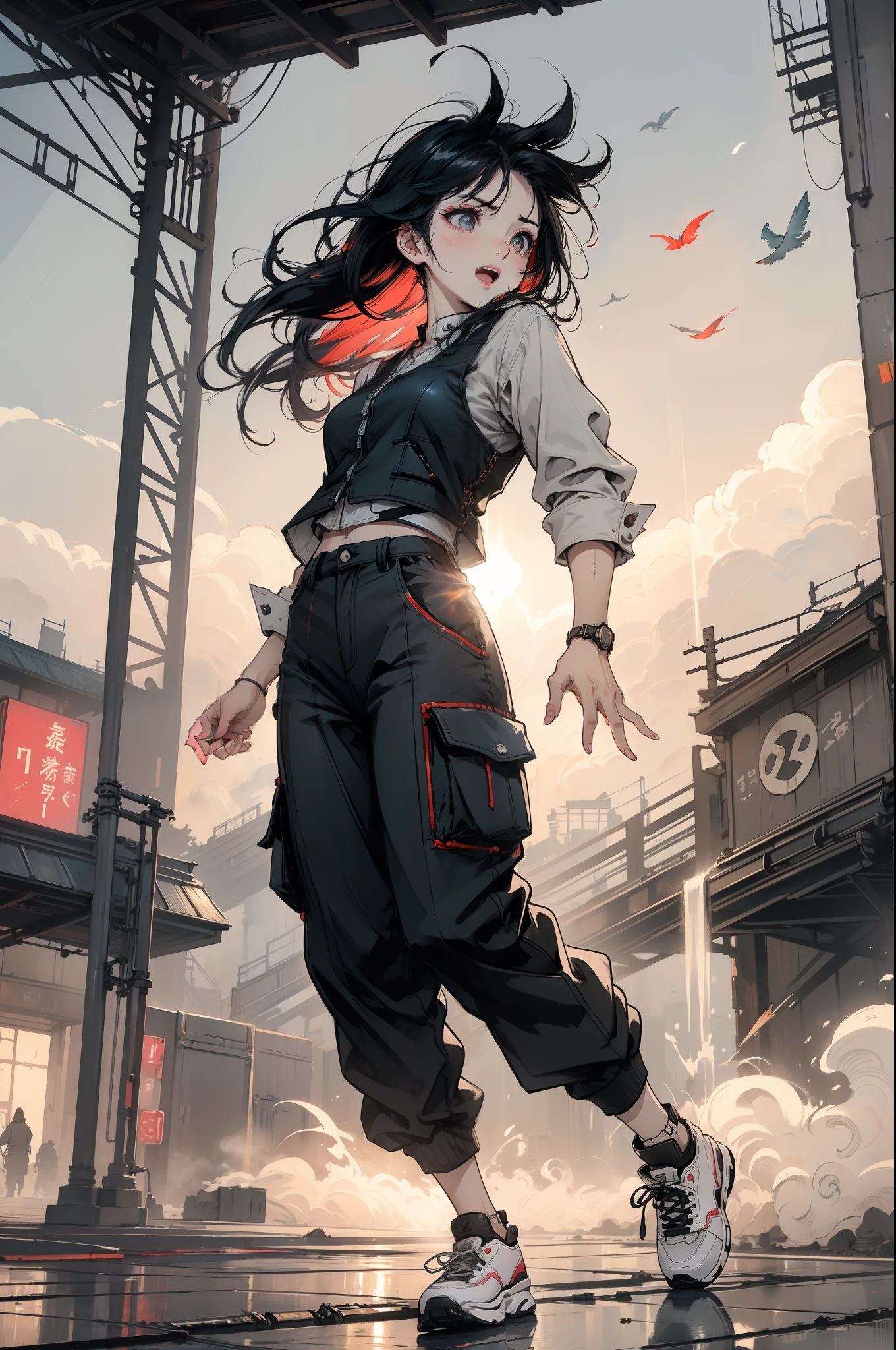 Dance、Artistic jump、break dance、Strenuous movements、vibrancy、Cyberpunk Style、Blade Runner vibe、Steam flows from exhaust outlets on the road surface、The road surface is wet、独奏、Fluttering hair、Cute Baby Turtle、Beautuful Women、a small face、white skinned、hason、young 17 years old、Bright smile、half-open mouth、White teeth are visible、(Gradient of black-red hair、Long messy hair)、(cargo pants、vests、White sneakers)、(delicate detailed fingers、Detailed body、detailed arms、human hand)、(Detailed face) 、(8K、top-quality: 1.4、tmasterpiece、 hyper HD、 Top resolution,、The is very detailed、 profesional lighting、 Gray light illumination、low angle from below、Blow steam into the landscape、Fog in the landscape、Foggy、
