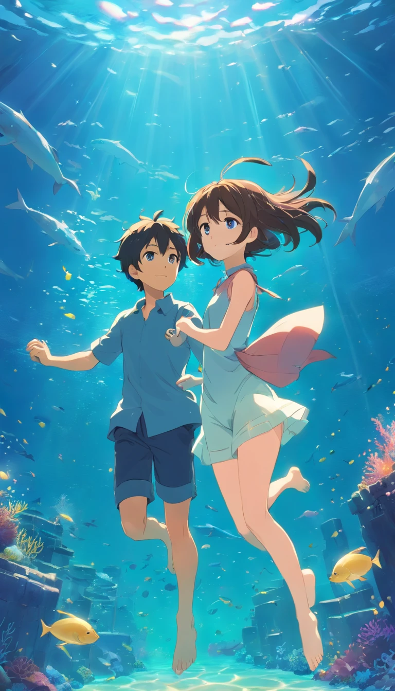 k hd，dream magical，scenecy，photorealestic，ocean floor，A boy and girl swim at the bottom of the sea