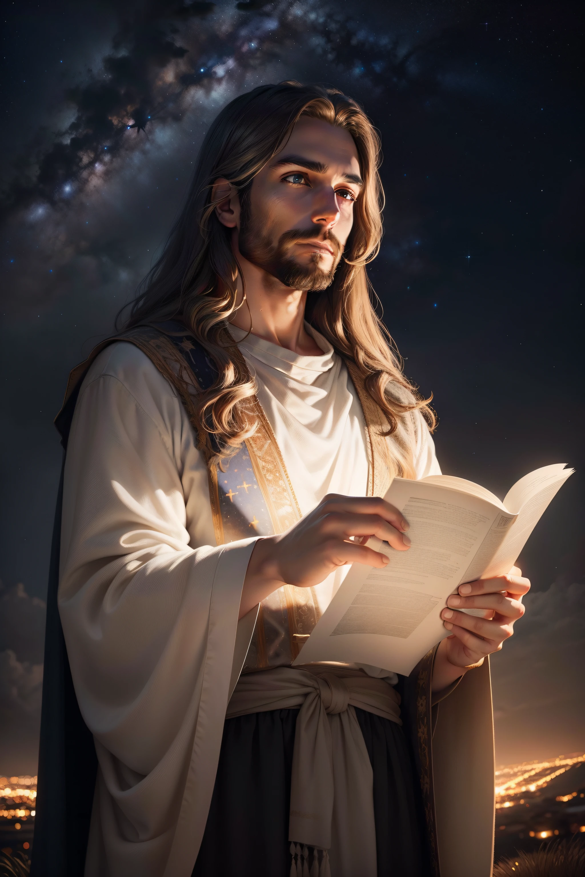 A detailed realistic image of a majestic Jesus Christ watching the starry night sky