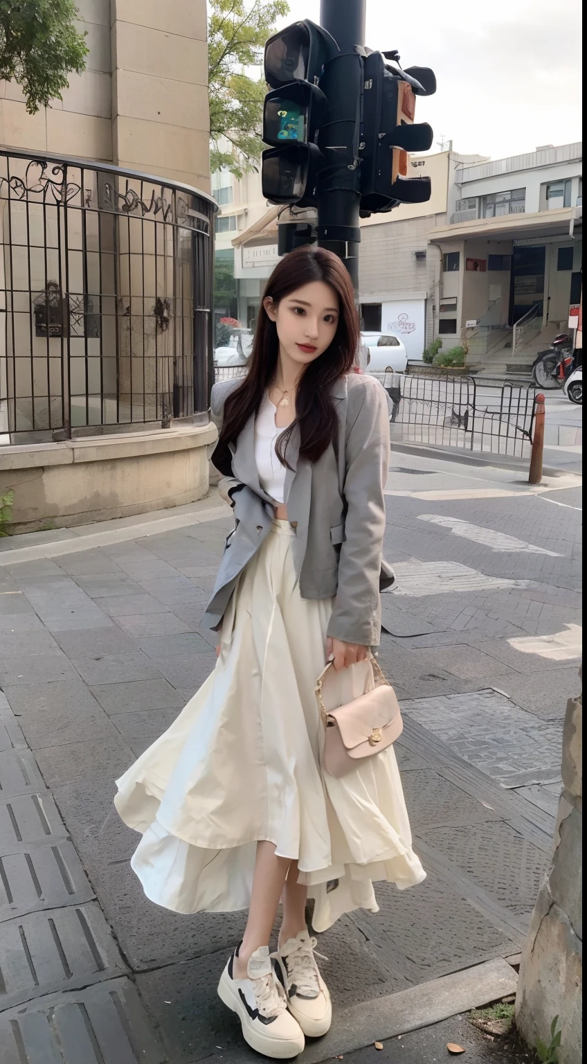 Woman standing on sidewalk with purse and shoes, dressed with long fluent clothes, wearing jacket and skirt, short skirt and a long jacket, wearing elegant casual clothes, cropped shirt with jacket, korean women's fashion model, Gray color, white trendy clothes, bae suzy, well - dressed, wearing elegant outfits, casual clothing style, 2 d cg