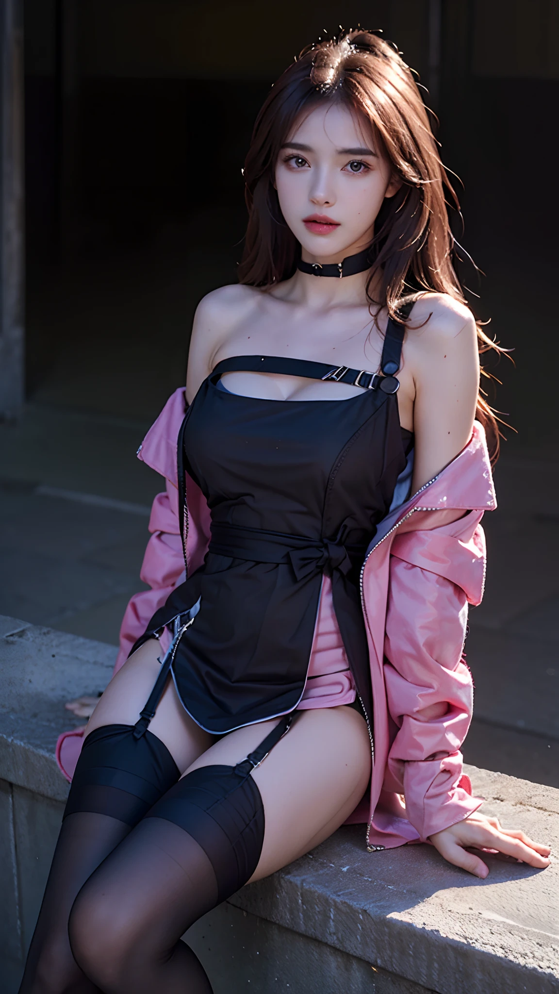 photorealistic, high resolution, 1 girl, smooth face, waist up, origen, long hair, spreading hair, detailed eyes, bare shoulder jacket, pink dress, black stocking