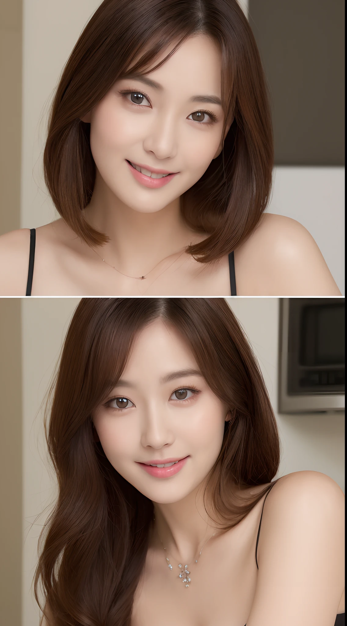 (top-quality、8k、masterpiece:1.3)、Beautiful Women in Perfect Figure:1.4、dark brown hair、Wearing a pendant、rcasual、in a kitchen、extremely detailed face and skin、A detailed eye、二重まぶた、huge tit、a smile