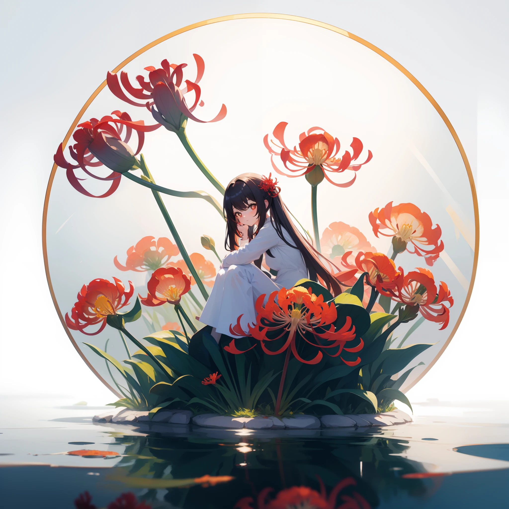 spider lily, white background, sitting in the middle, inside in the circle in the middle, water reflection,