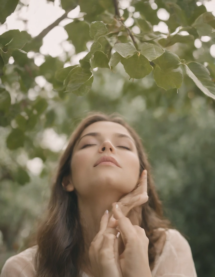 young woman smelling leaves on a tree branch by marcus lin for stocksy united, in the style of post-'70s ego generation, realist detail, pensive portraiture, sheet film, pastel dream, voigtlander heliar 15mm f/4.5, close-up.