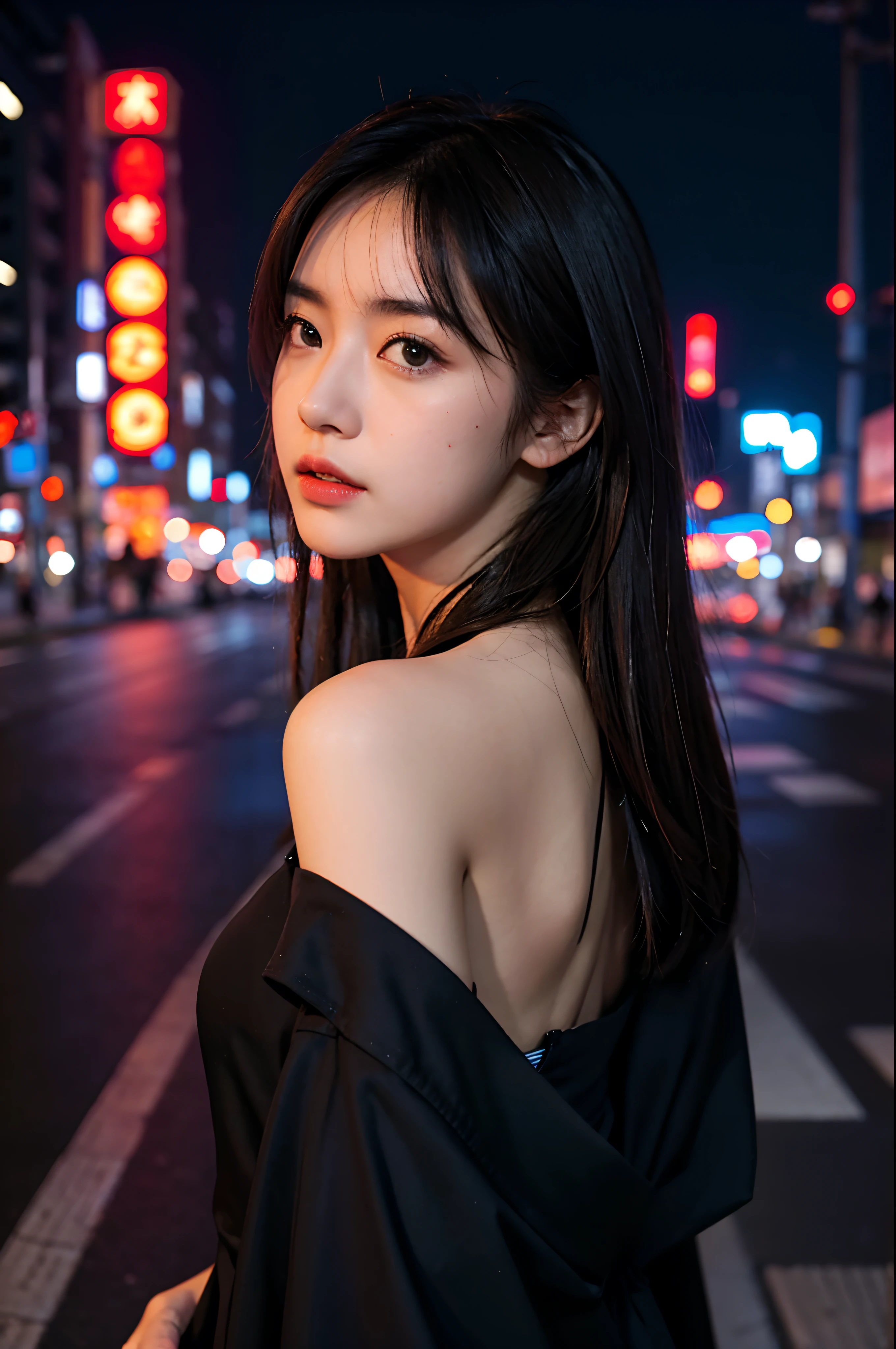 1 woman, tokyo streets,night, cityscape,city lights, upper body,enlargement, 8k, RAW photos, best quality, masterpiece,realistic, photo-realistic,