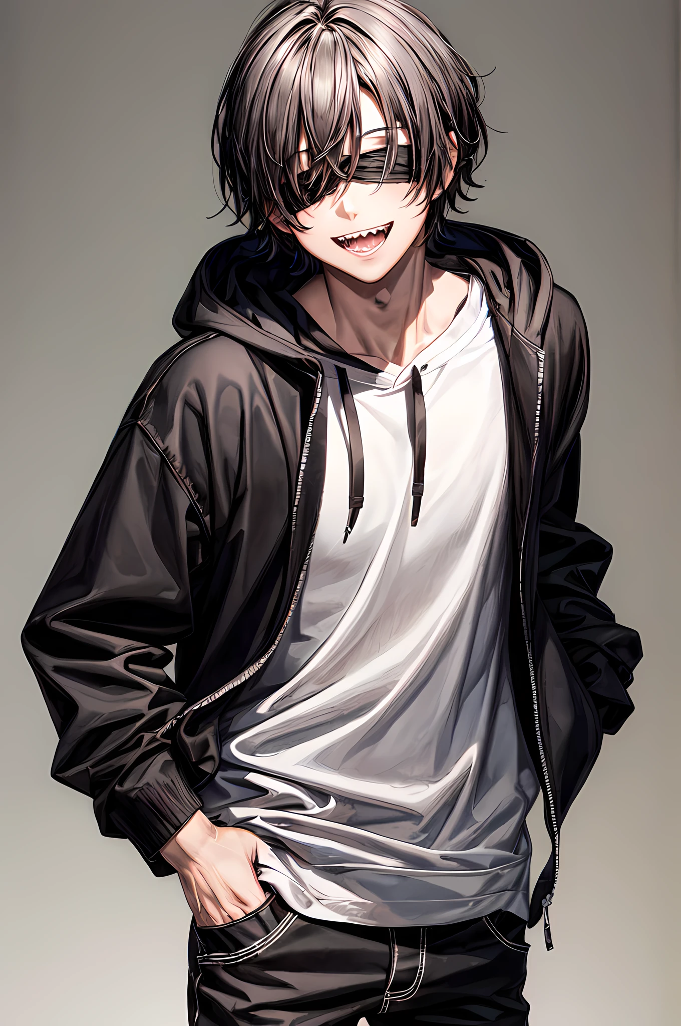 best quality,masterpiece,original,extremely detailed wallpaper,looking at viewer,1boy,male focus,solo,swept bangs,black and white swept hair,teasing_smile,sharp_teeth, open mouth, black hoodie, white sleeves, black blindfold, black jeans, white_shoes