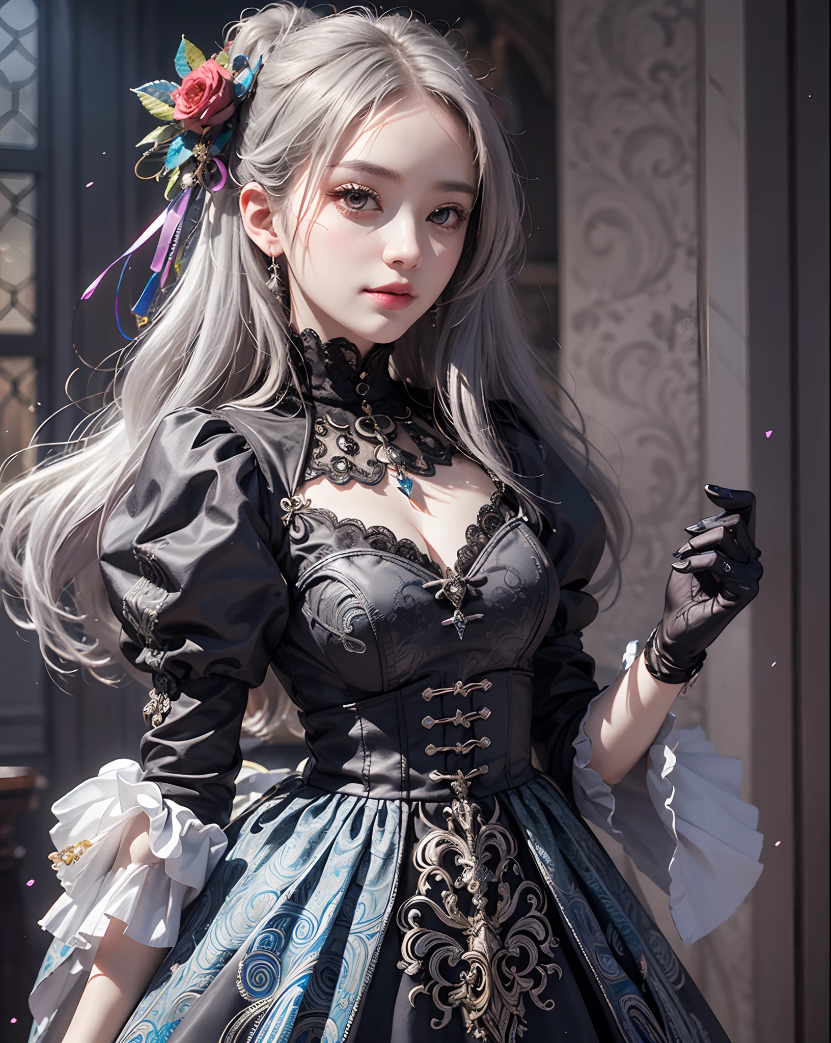 masutepiece、hight resolution、Paisley pattern wallpaper 、Intricately drawn paisley pattern、10,000 colors、colourfull、Craftsmanship、25 years old women、1girl with、9th class、Look at the viewer、smil、Silver hair、Okappa、Diamond brilliance、colorful decorations、Particles of light flutter、Detailed Gothic style、(maximalism:1.5)、diffuse lighting、(depth of fields:1.8)、gothic lorita、Diffuse reflection of light、((Background ratio:65%)