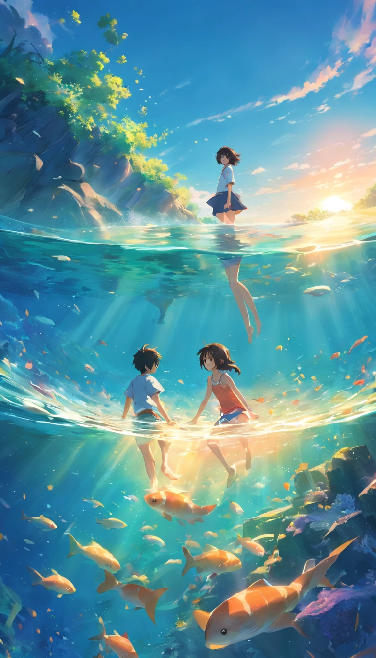 k hd,dream magical,scenecy,photorealestic,ocean floor,A boy and girl swim at the bottom of the sea