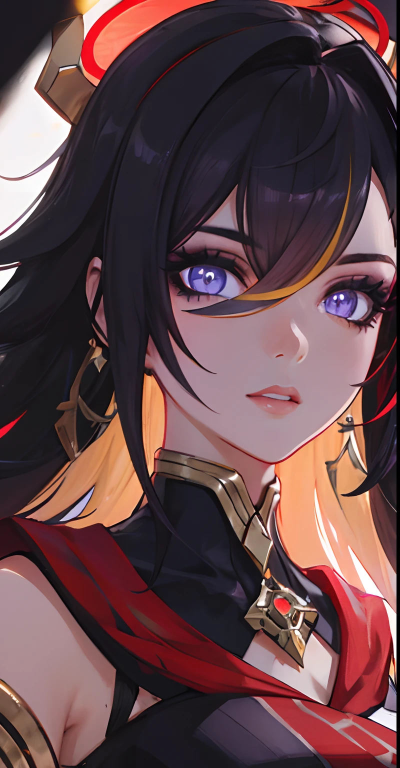 highres, highest quallity, illustration, cinematic light, ultra detailed, detailed face, (detailed eyes), best quality, hyper detailed, masterpiece, 1girl, dehya\(genshin_impact\), (detailed face), white hair, purple eyes, highest details, luminous eyes, black halo, white clothes, backlighting, (midriff:1.4), light rays, (high contrast), (colorful),