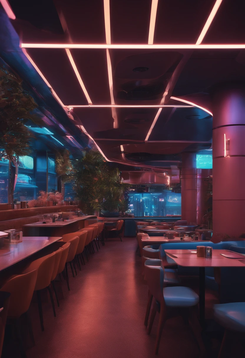 cafeteria, cenario futurista, Cyberpunk, 8k