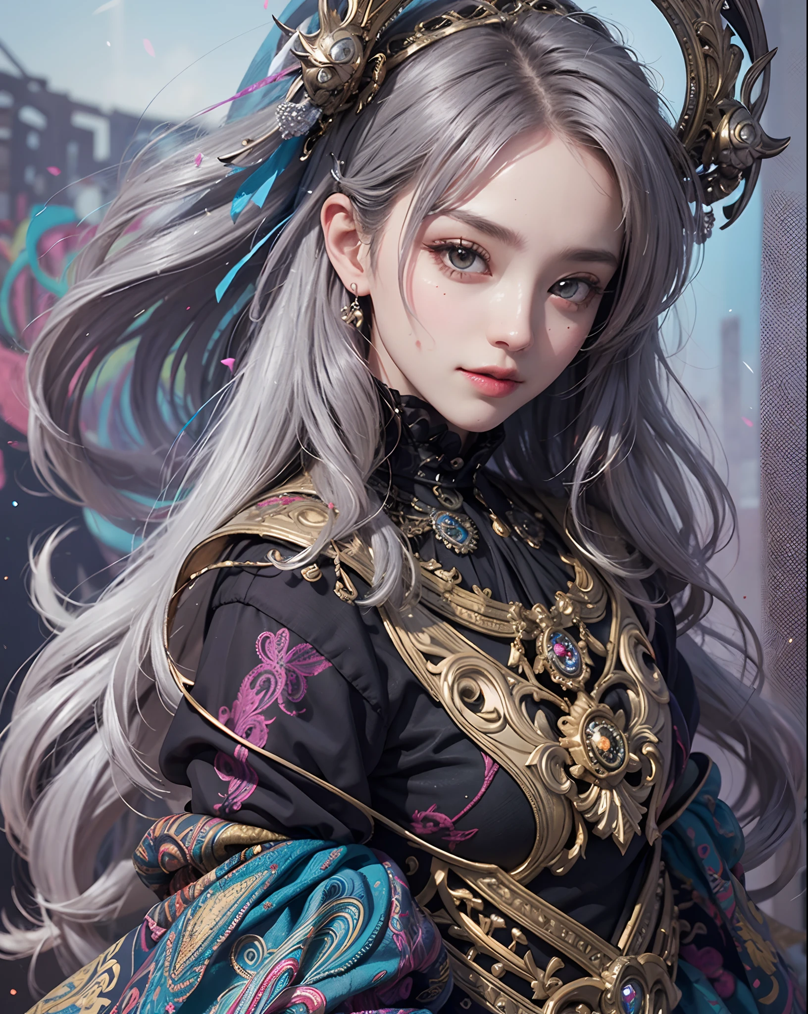 masutepiece、hight resolution、Paisley pattern wallpaper 、Intricately drawn paisley pattern、10,000 colors、colourfull、Craftsmanship、25 years old women、１girl with、9th class、Look at the viewer、smil、Silver hair、Okappa、Diamond brilliance、colorful decorations、Particles of light flutter、Detailed Gothic style、(maximalism:1.5)、diffuse lighting、(depth of fields:1.8)、gothic lorita、Diffuse reflection of light、((Background ratio:65%)