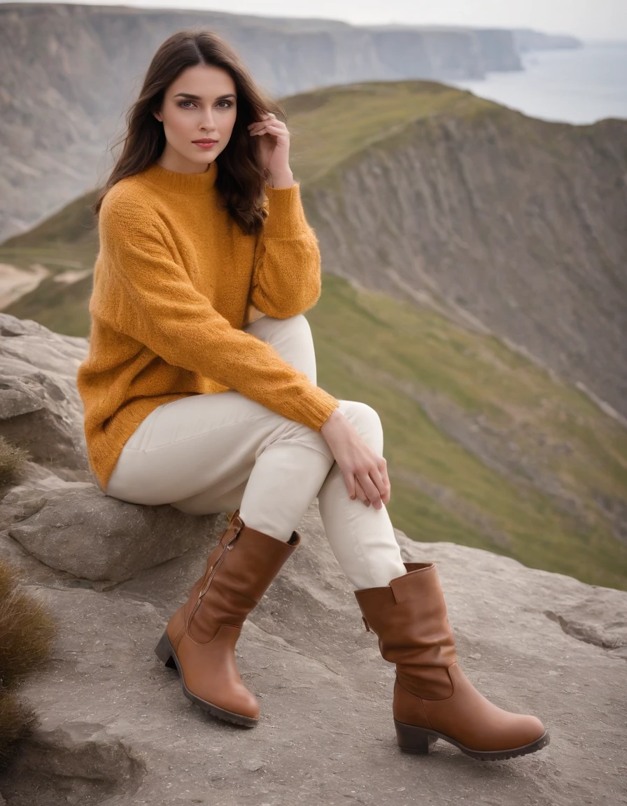 brunette wearing yellow sweater and brown boots in front of cliff, in the style of dark orange and white, monochrome geometry, zigzags, white and beige, photo taken with provia, dark beige and white, reefwave (high angle)