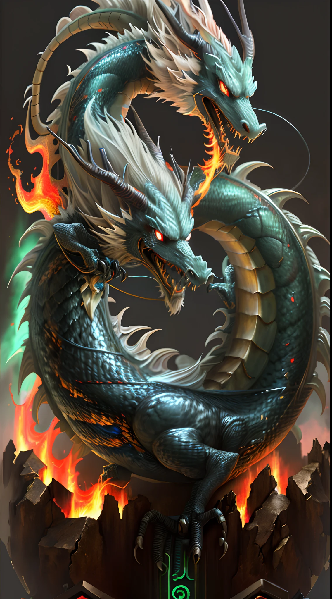 China Dragon, Battle, bronya, maiden, antique, flame, ciberpunk, Master Works, Percussion composition, lifelike texture, Shot Full Body