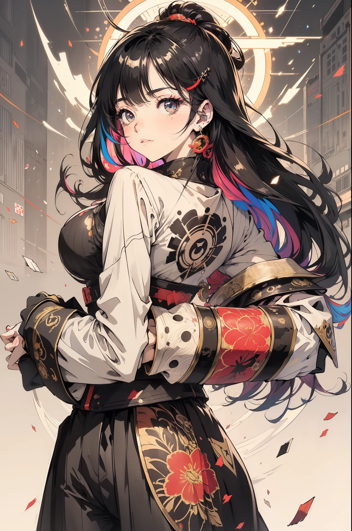 background, language_text, Japanese letters in graffit ,girls, long black hair, excellent lighting, sidelighting, (), vhsKeeper,, style GUILTY GEAR -STRIVE perfect ultimate (flat color: 1.3), (magazine_cover: 1.4), (multicolored_background: 1.3)background, mixed-language_text, Japanese letters in graffit ,girls, long blonde hair, excellent lighting, sidelighting, perfect ultimate (flat color: 1.3), (magazine_cover: 1.4), (multicolored_background: 1.3), striped_background, card_background, :: discs with sharp and shiny blades in the hand :: circular pieces of white metals glued to the ultra detailed arms coming out sparkling shine, black star design stamped in the middle of the shirt , perfect and detailed, ultra detailed shirt with abstract design and with Japanese letters in grafit print of the sides of the clothes, image of girls with big breast, on top of a futuristic motorcycle, with immersive effects, hover effect, background graffiti style tribal tattoo with flowers and vibrant colors, "ultra HDR" detailed and with focus effect, (masterpiece: 1.2, best quality), (beautiful eyes with huge eyelashes finely detailed: 1.2), , ((Solo)), (Finely detailed eyes and detailed face: 1.3), in various full-body attack poses, (cute background: 1.2),futuristic costume, super detailed circular metals Grabbed on arms and pants, fantastic paintings