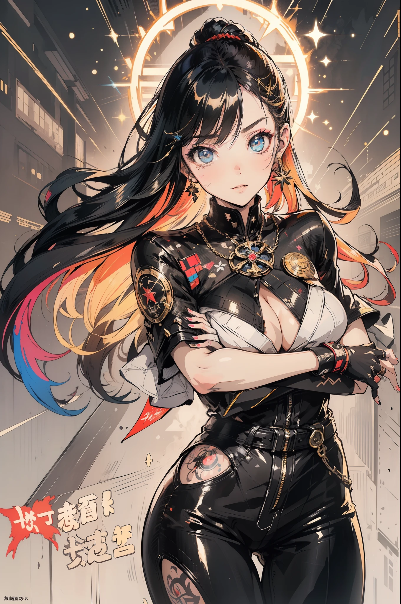 background, language_text, Japanese letters in graffit ,girls, long black hair, excellent lighting, sidelighting, (), vhsKeeper,, style GUILTY GEAR -STRIVE perfect ultimate (flat color: 1.3), (magazine_cover: 1.4), (multicolored_background: 1.3)background, mixed-language_text, Japanese letters in graffit ,girls, long blonde hair, excellent lighting, sidelighting, perfect ultimate (flat color: 1.3), (magazine_cover: 1.4), (multicolored_background: 1.3), striped_background, card_background, :: discs with sharp and shiny blades in the hand :: circular pieces of white metals glued to the ultra detailed arms coming out sparkling shine, black star design stamped in the middle of the shirt , perfect and detailed, ultra detailed shirt with abstract design and with Japanese letters in grafit print of the sides of the clothes, image of girls with big breast, on top of a futuristic motorcycle, with immersive effects, hover effect, background graffiti style tribal tattoo with flowers and vibrant colors, "ultra HDR" detailed and with focus effect, (masterpiece: 1.2, best quality), (beautiful eyes with huge eyelashes finely detailed: 1.2), , ((Solo)), (Finely detailed eyes and detailed face: 1.3), in various full-body attack poses, (cute background: 1.2),futuristic costume, super detailed circular metals Grabbed on arms and pants, fantastic paintings