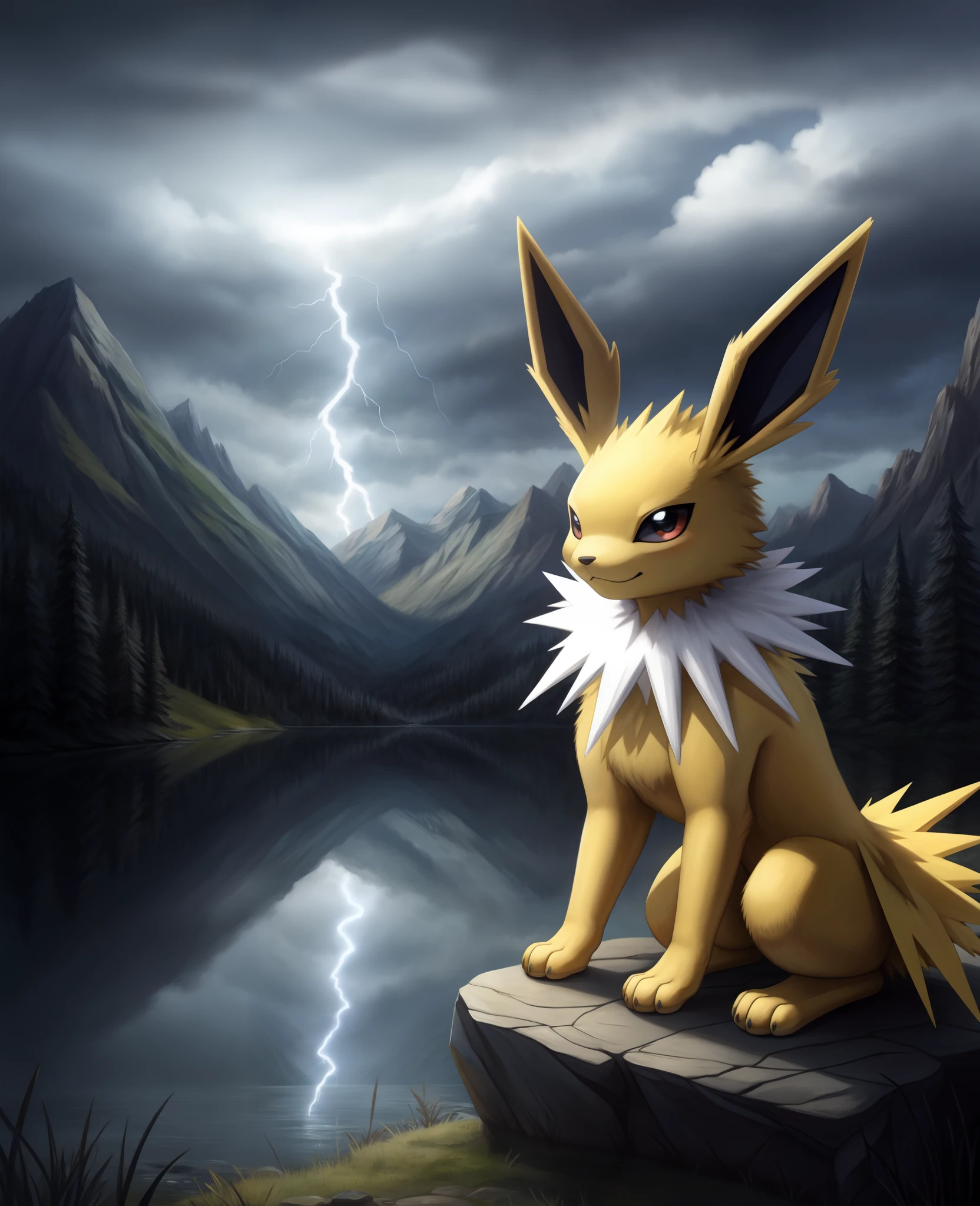 masterpiece,best_quality
Jolteon,  pokemon (creature),
JOLTEON,
forest,mountain, lake, cloudy sky, lightning,