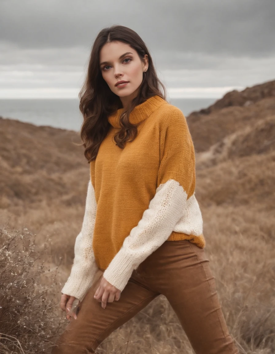 brunette wearing yellow sweater and brown boots in front of cliff, in the style of dark orange and white, monochrome geometry, zigzags, white and beige, photo taken with provia, dark beige and white, reefwave (medium shot)