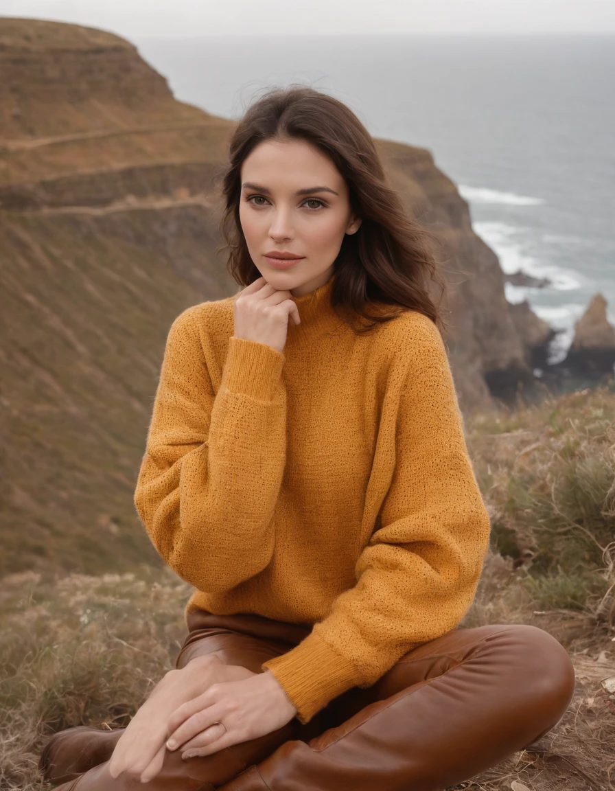 brunette wearing yellow sweater and brown boots in front of cliff, in the style of dark orange and white, monochrome geometry, zigzags, white and beige, photo taken with provia, dark beige and white, reefwave (medium shot)