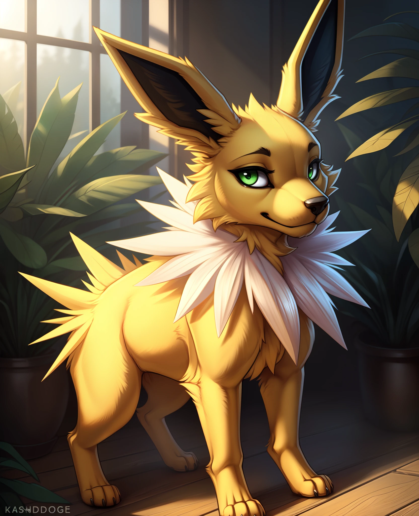 uploaded on e621, ((by Sandra Chevrier, by Katsushika Hokusai, by Lawyerdog, by Alphonse Mucha)), solo chibi (quadruped feral:1.4) ((Jolteon)) with ((yellow body)) and ((clear green eyes)) and ((neck tuft)), (detailed Jolteon), ((detailed fluffy fur)), (three-quarter portrait, looking at viewer, side view, [high-angle view]:1.2), BREAK, (detailed background, depth of field, half body shadow, sunlight, ambient light on the body), (intricate:0.7), (high detail:1.2), (unreal engine:1.3), (sharp focus:1.1), [explicit content, questionable content], (masterpiece, best quality, 4k, 2k, shaded, absurd res)