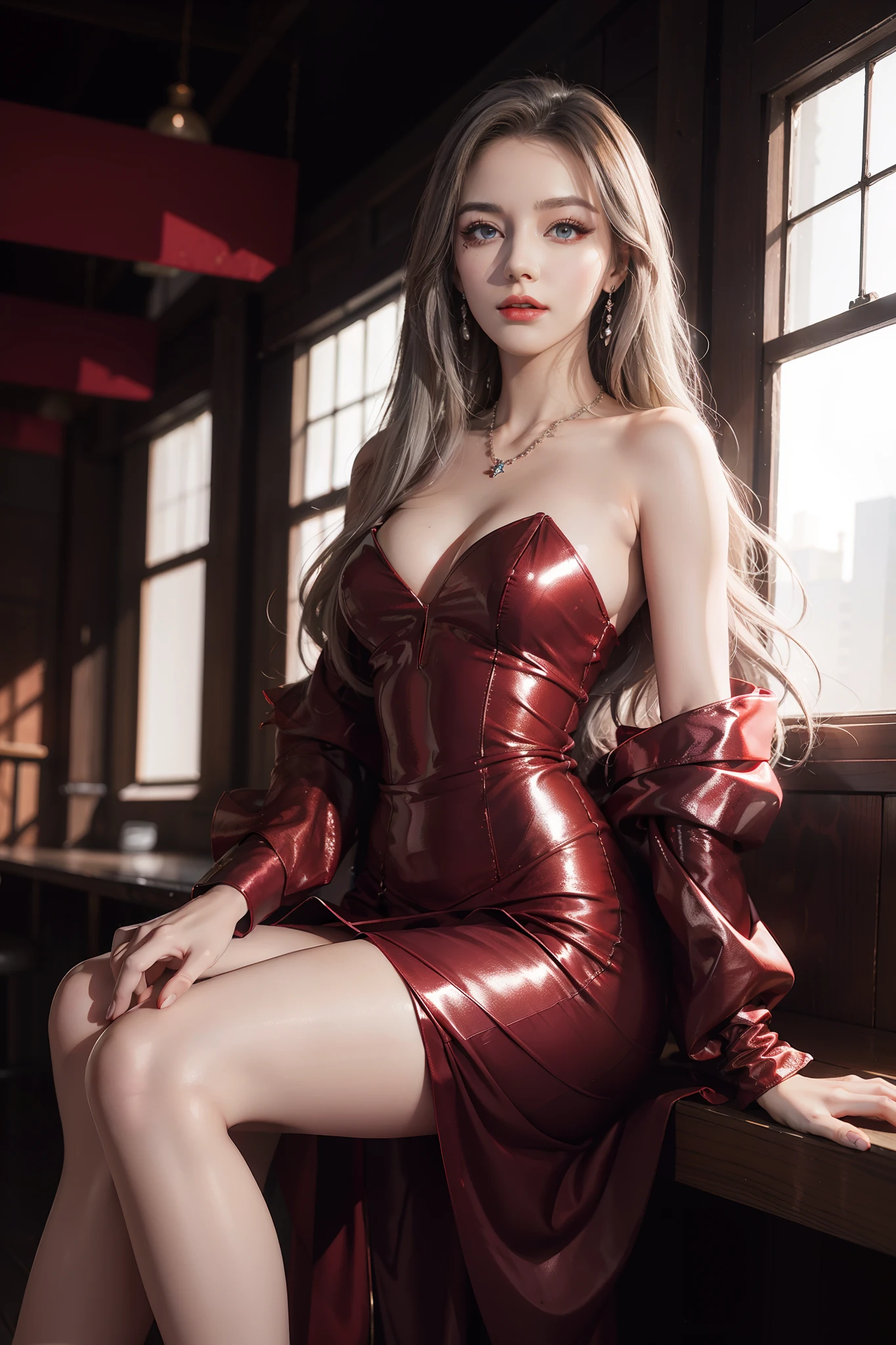 Top quality work,Photorealistic works,Ultra Premium Graphics,8K HD CG works,High-quality graphics,High-definition fine CG works,10x pixel,Ultra-fine details:1.1,Advanced technical details:1.1Photographically realistic,Indoor lighting effects:1.5,Natural light:1.5. light effect(Virtual Light Effects:1.8),超A high resolution,Shiny red dress,Long silver hair,Silver hair,Transparent hair,High Detail Hair(Premium Hair Detail:1.1)clear eyes,Good looking double eyelids,Sharp eye makeup, Delicate makeup for eyelashes, Thin eyebrows, ultradetailed eyes,High Nose, lovely red lips, Rose cheeks, Face with delicate makeup , Pretty Face, A perfectly proportioned face,(Advanced facial details:1.1)Collection of glossy red luxury dresses,Bright red sequin dress,Sequin coat,shiny,Tight long skirt,Summer Sexy Hip Wrap Fishtail Sleeveless Commuter Maxi,Horse Stockings 100%Oil Glossy Pantyhose Glossy Silk Glossy 8D Black Silk Woman,stiletto heels,mitts,Beautiful long dresses,wonderful dress,Bright Red Series,Haute Couture Dresses Collection,Dress Photography,Authentic dress works,In the banquet hall,Women's Artwork,Full body view,Goddess of Dress,真实感,amazing,Today's eyes are bright
