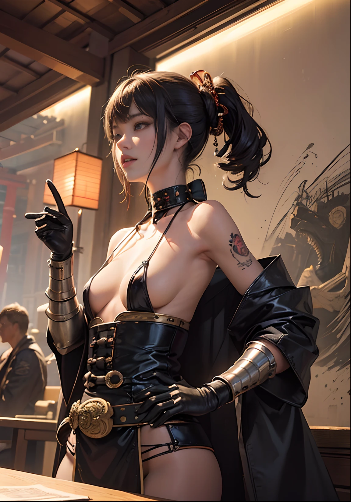 ((woman))), (((best qualityer))), (((tmasterpiece))), (((AS-Adult))), ((( Japanese ))), Look up from your knees, A beautiful asian samurai woman with perfect body, Modern samurai, ((( Asian))), Wear gloves on your hands,The left arm is made of steel and metal tips,Made of protective devices, The eyes are pulled, (( Appears below the breast )), (( Small dental floss )), Simon Bisley, Almost naked(Simon Bisley)Castle City Wilderness,For high-resolution posters, hair straight, Minimum clothing, armure (Crazy clothes ), Full of tips and rivets, tribal tattoos, (((full bodyesbian))), Straight brunette hair,Colored hair ends