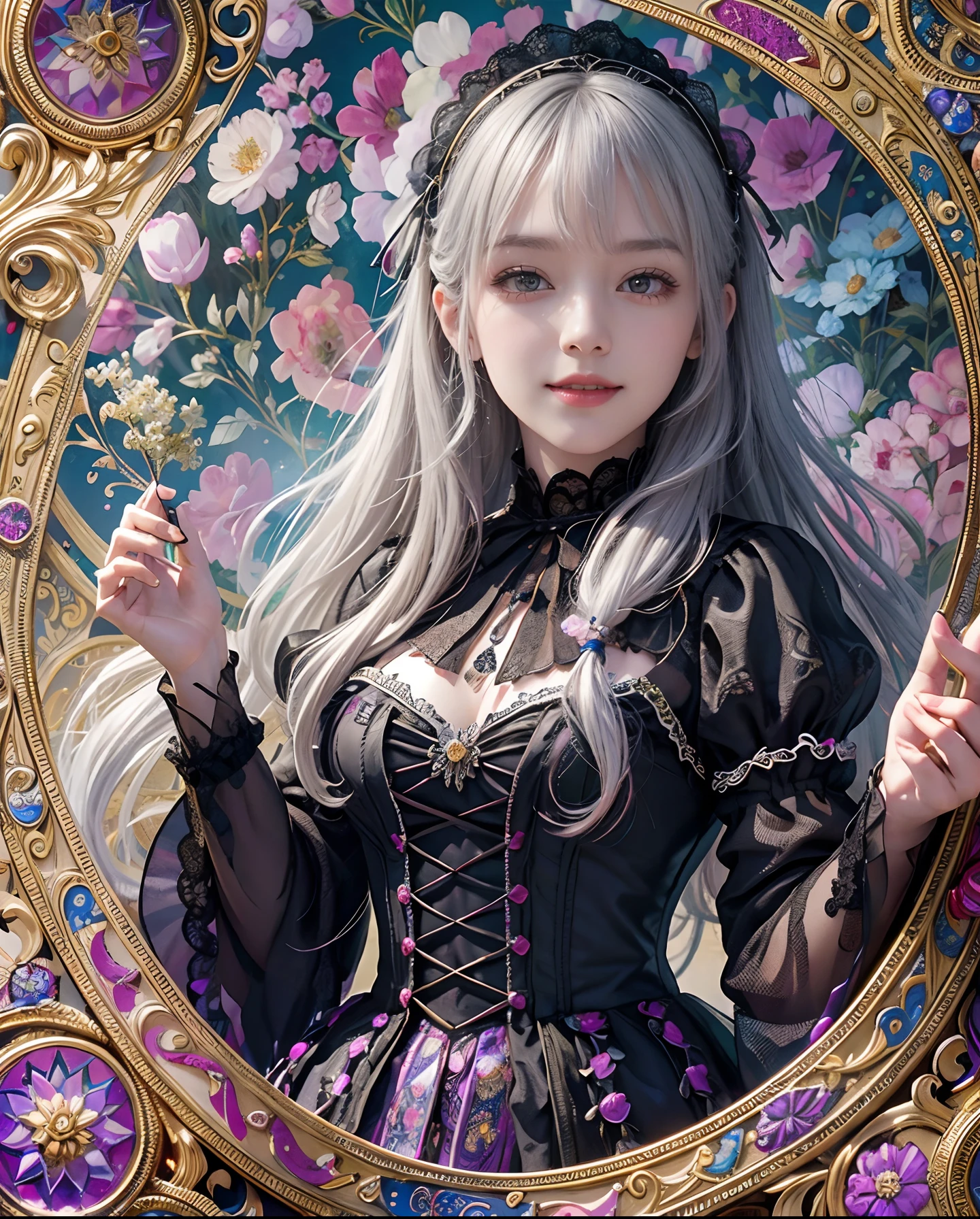 Masterpiece, High Resolution, Paisley Pattern Wallpaper, Intricately Drawn Paisley Pattern, 10,000 Colors, Colorful, Craftsmanship, 1 Girl, 9 Figures, Looking at the Viewer, Smiling, Silver Hair, Okabo, Diamond Sparkle, Colorful Decoration, Grains of Light Dancing, Detailed Gothic Style (Maximalism: 1.5), Diffused Lighting, (Depth of Field: 1.8), Gothic Lolita, Diffuse reflection of light, (background percentage: 65%)