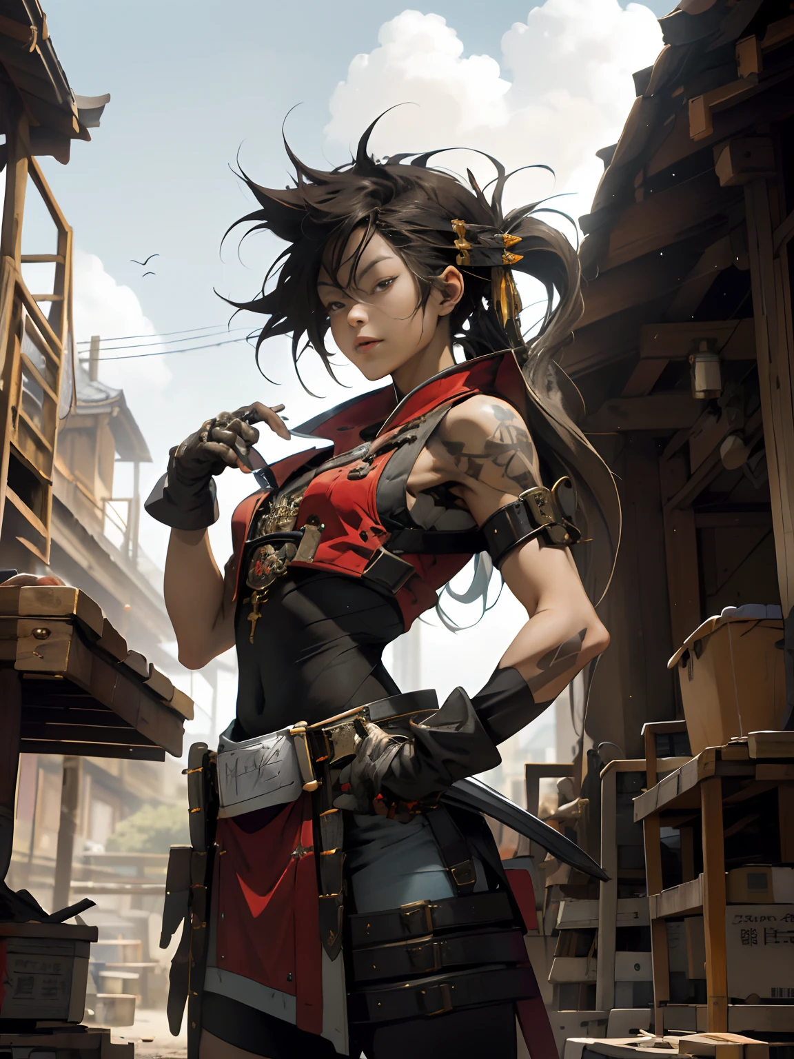 ((woman))), (((best qualityer))), (((tmasterpiece))), (((AS-Adult))), ((( Japanese ))), Look up from your knees, A beautiful asian samurai woman with perfect body, Modern samurai, ((( Asian))), Wear gloves on your hands，The left arm is made of steel and metal tips，Made of protective devices, The eyes are pulled, (( Appears below the breast )), (( Small dental floss )), Simon Bisley, Almost naked（Simon Bisley）Castle City Wilderness，For high-resolution posters, hair straight, Minimum clothing, armure (Crazy clothes ), Full of tips and rivets, tribal tattoos, (((full bodyesbian))), Straight brunette hair，Colored hair ends