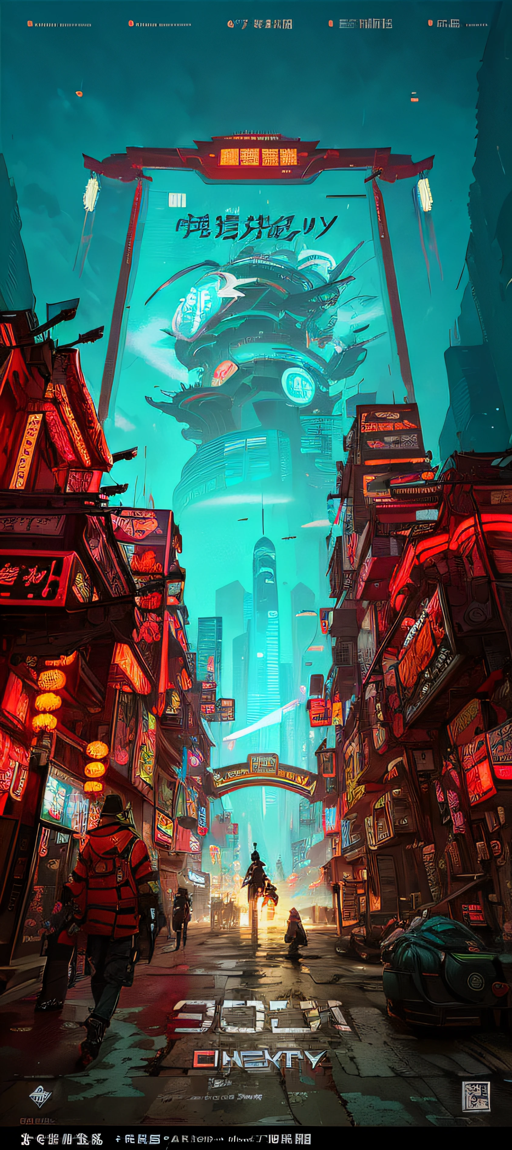 Futuristic city scene with futuristic spaceship flying over the city, inspired by Liam Wong, cyberpunk theme art, Digital cyberpunk anime art, cyberpunk dreamscape, Cyberpunk art style, detailed cyberpunk illustration, busy cyberpunk metropolis, kowloon cyberpunk, cyberpunk illustration, cyberpunk anime art, in a futuristic cyberpunk city, china town blade runner, anime cyberpunk art, at cyberpunk city,(top-quality、8K、32K、tmasterpiece、NFFSW:1.3)、(hyper HD)、(Photorealsitic:1.4)、RAW photography,Doorhead of Chinese-style building,The back of a huge illusory woman wearing a cheongsam,
