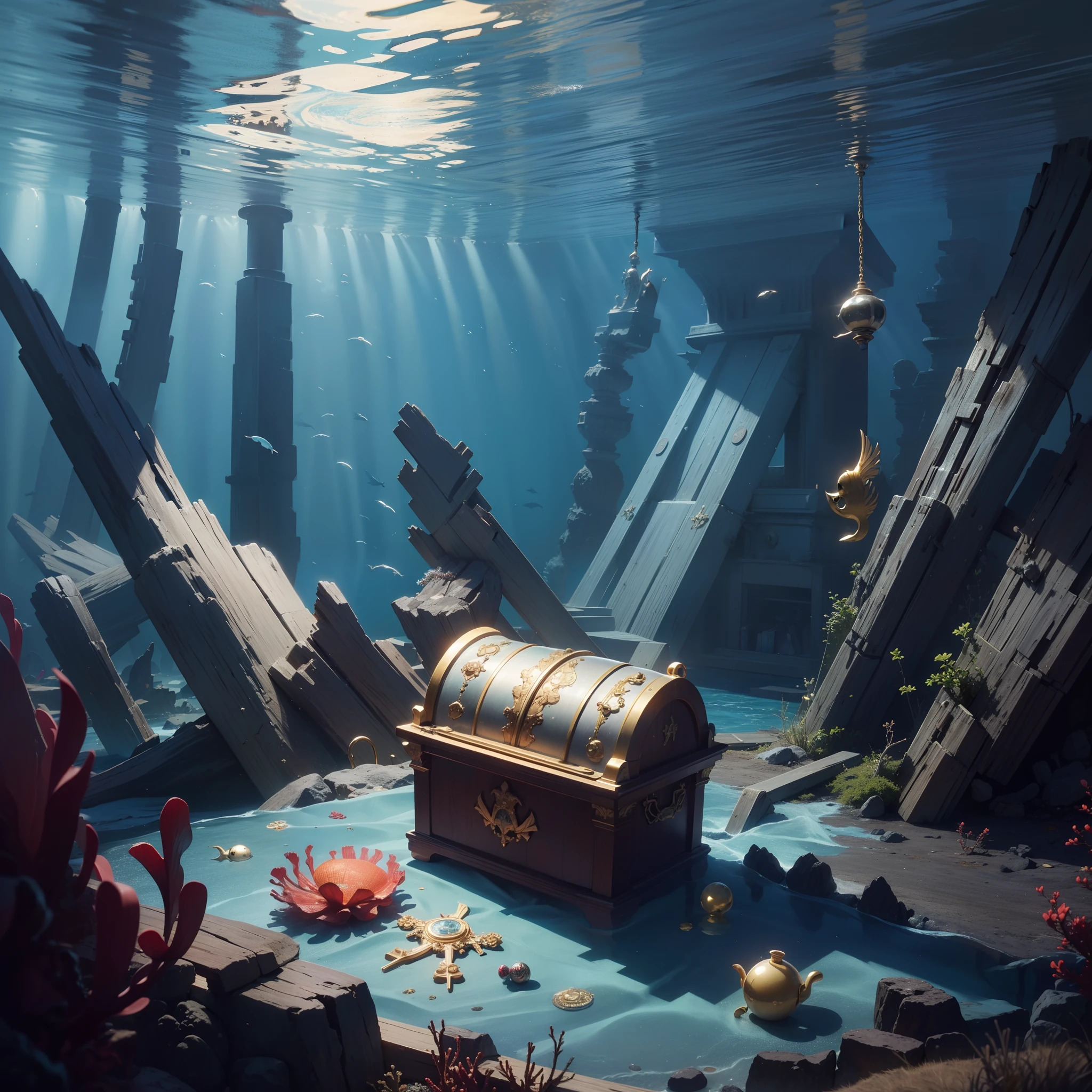 masutepiece, Super Detail, High quality, awardwinning, 8K, (Treasures sinking to the bottom of the ocean), Fine decoration, Treasures included, ocean floor, In the sea, Under the sea, (Under the deep sea), Underwater Photography, Look at the bottom of the ocean, clear water, In the beautiful sea