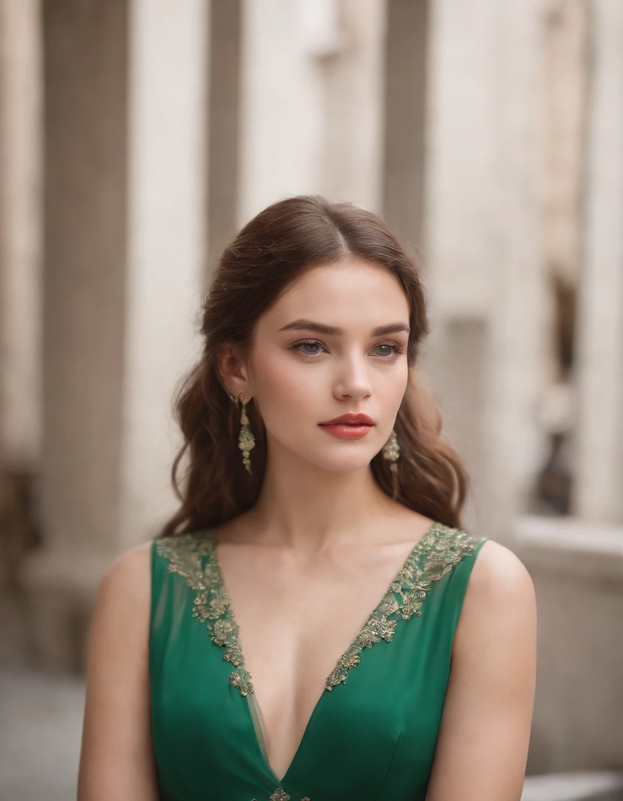 a young woman in a green dress wearing earrings, in the style of uhd image, wollensak 127mm f/4.7 ektar, translucent color, groovy, associated press photo, bold fashion photography, flickr, close-up
