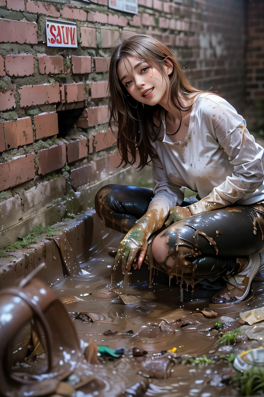 Beautiful woman with a straight nose、Neat face、Best Beautiful Girl、eyes large、二重まぶた、Pleasant look、delighted expression、pleasant sensation、Delighted、My face is dirty with mush.、Dirty with sludge、