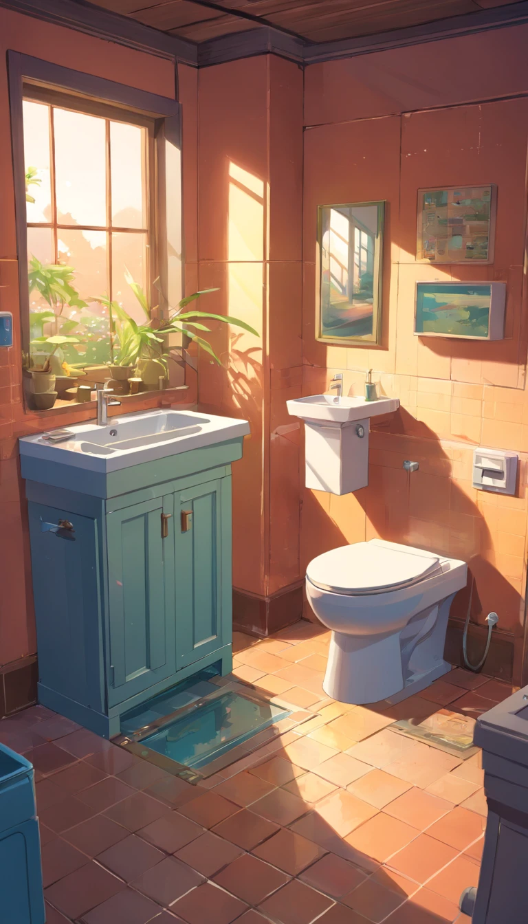 Isometric rendering of game art in a toilet in a horror village house at dusk,(toilet bowl),((Floor drain)),wash basin,Shower head,mirrors,Cabinet clearance,the detail, 4K, k hd, high high quality