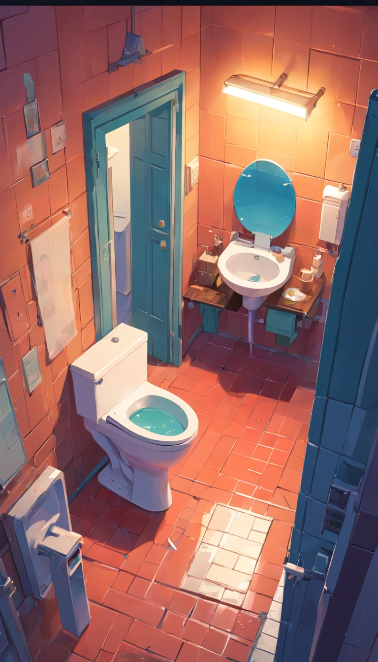 Isometric rendering of game art in a toilet in a horror village house at dusk,(toilet bowl),((Floor drain)),wash basin,Shower head,mirrors,Cabinet clearance,the detail, 4K, k hd, high high quality