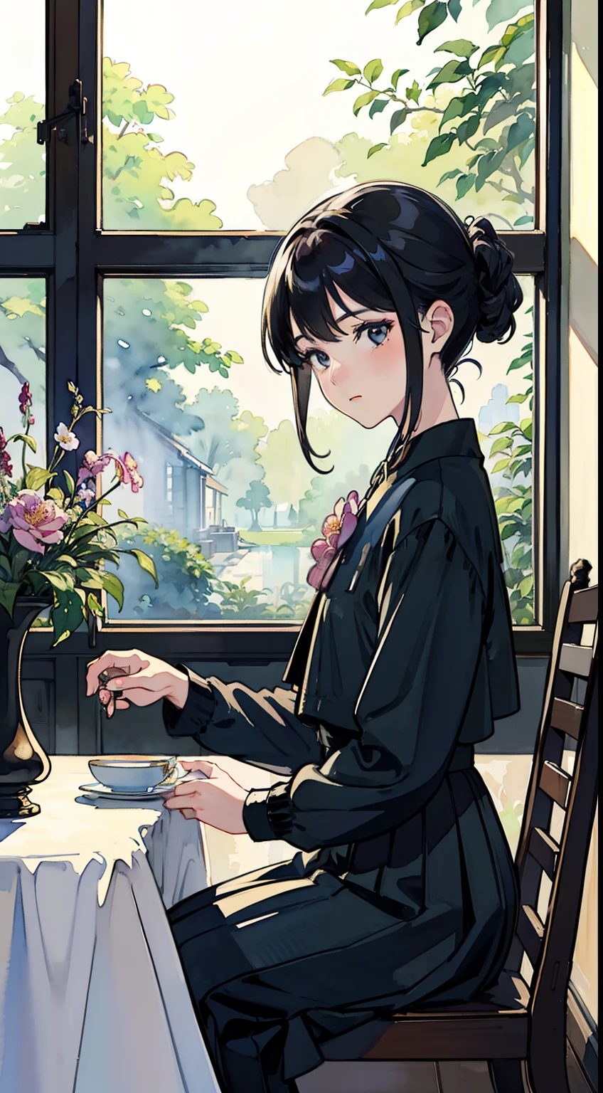 ((Watercolor by singer Sargent))、(top-quality、masterpiece)、1girl in、sixteen years old、A stunning、Short black hair、Black eyes、tiny chest、校服、long skirt、Botanical Garden、Flower Shop、The table、florals、tea set、window、houseplant、 The tree,