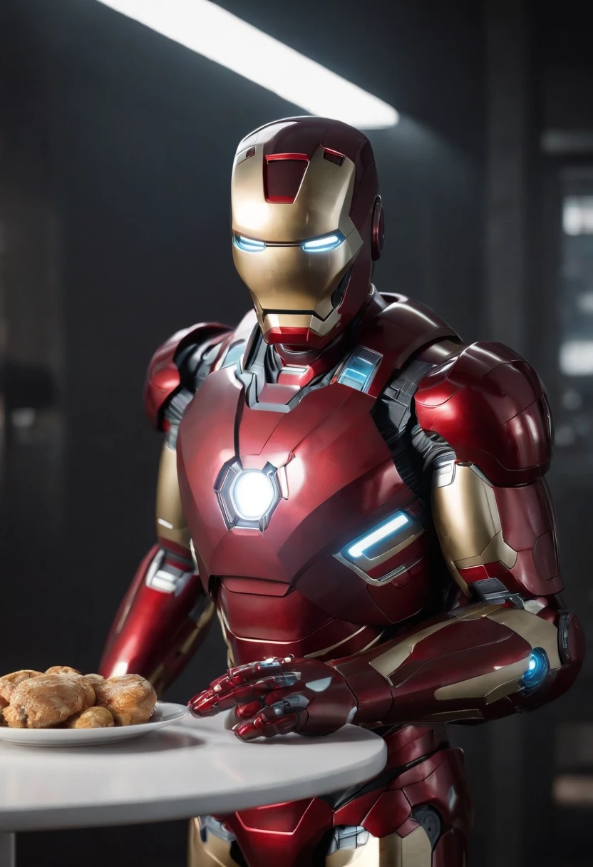 Marvel's somber half-length portrait of Iron Man holding an empty plate, with intricate angular cybernetic implants within a futuristic kitchen, cyberpunk, Foto premiada, Neon lights, cybernetic limb,  obra maestra, UHD, 32K, ultrarrealista, HQ 4K, Renderizado en Unreal Engine 4K HQ, Renderizado en Unreal Engine 4K HQ, Arte conceptual 4K e hiperrealismo, Renderizado 4K detallado, Ironman, ArtStation 4K, Renderizado 4K de alto detalle, Tendencias 4K en la sede de ArtStation, Extremadamente fotorrealista
